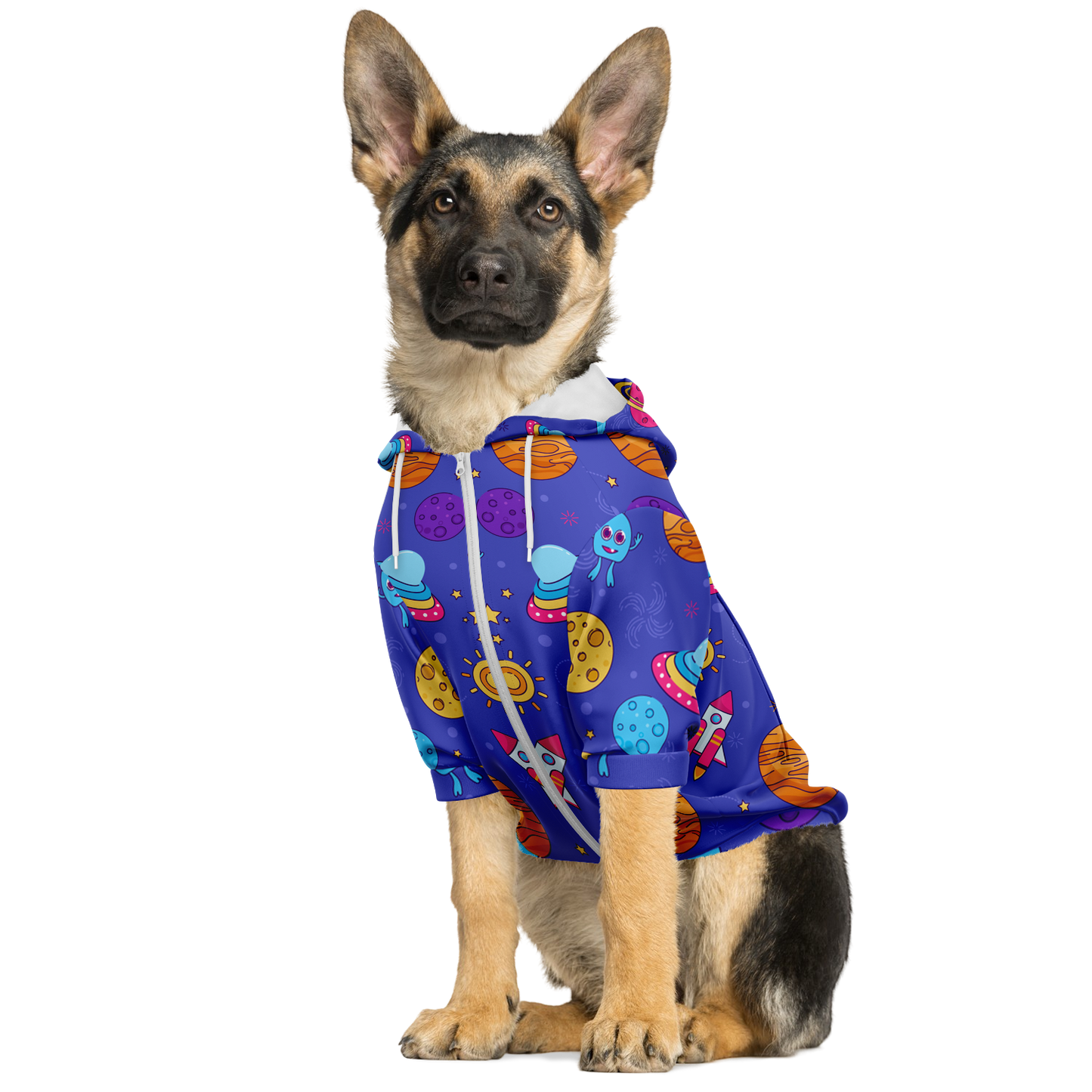 Dog sitting in Cosmo Charm dog hoodie with colorful cosmic design