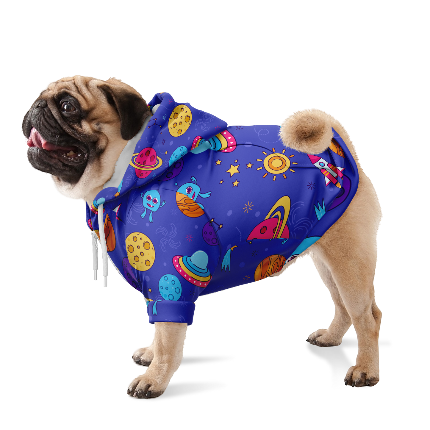 Dog standing in Cosmo Charm hoodie with full-body view of cosmic pattern
