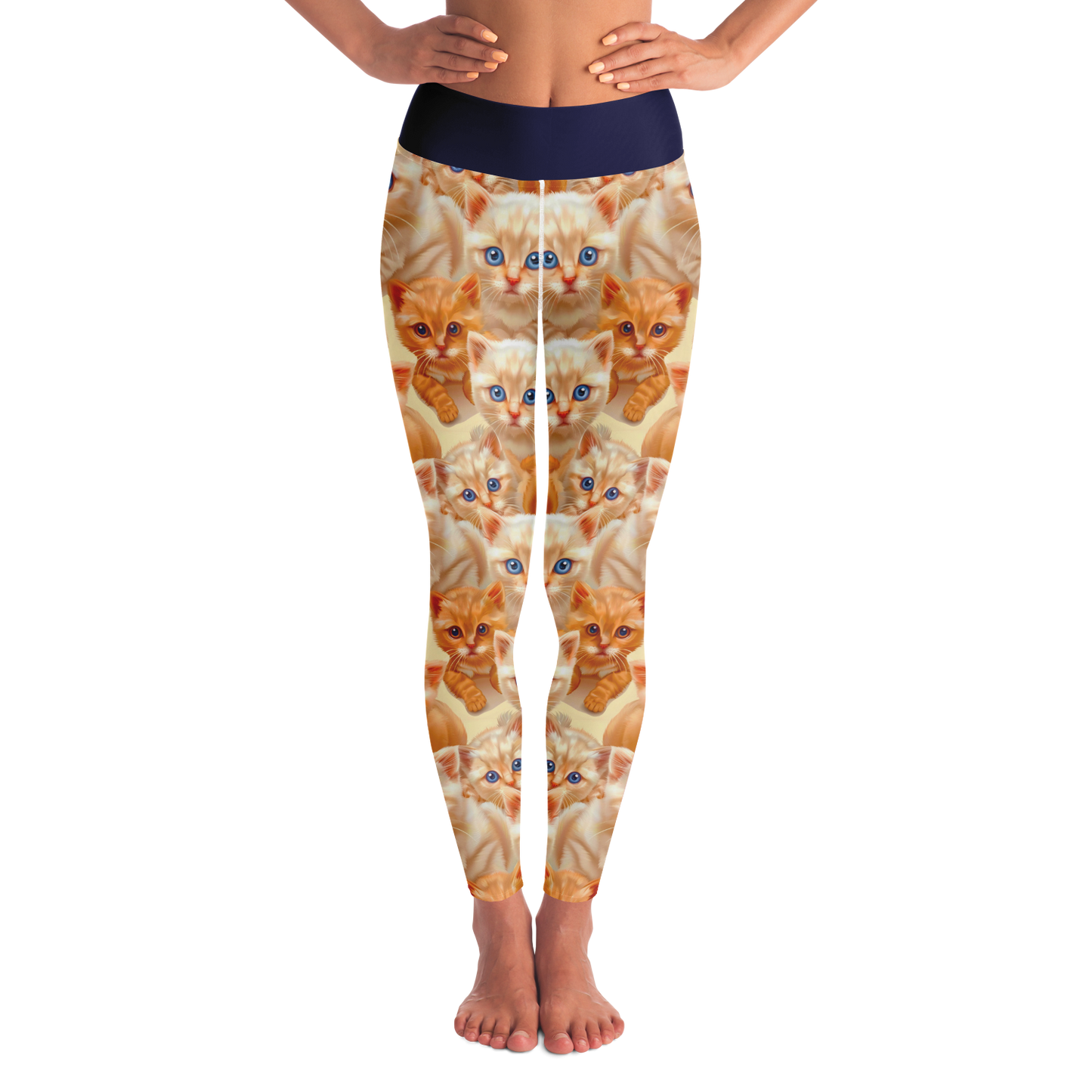 Cuddle Cat Leggings – Front view featuring an adorable cat print on warm-toned background