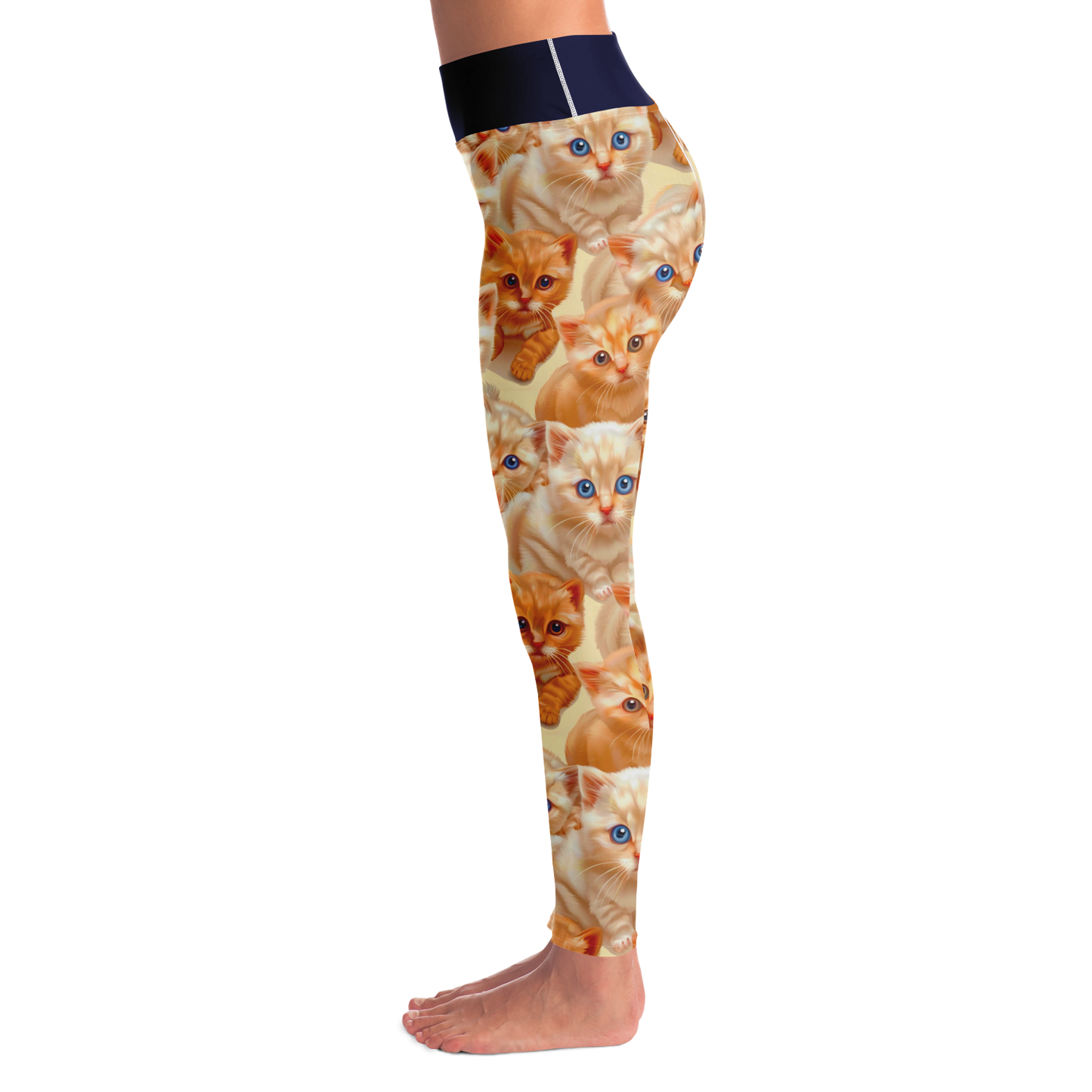 Cuddle Cat Leggings – Left side profile showcasing stretch and whimsical feline print