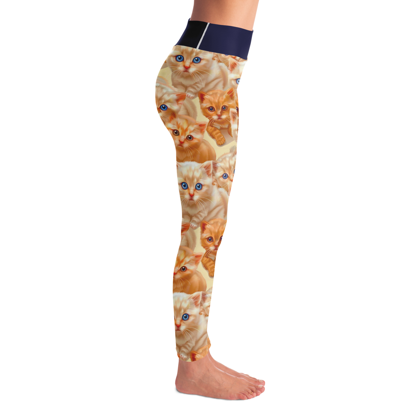 Cuddle Cat Leggings – Right side profile emphasizing fabric movement and playful cats