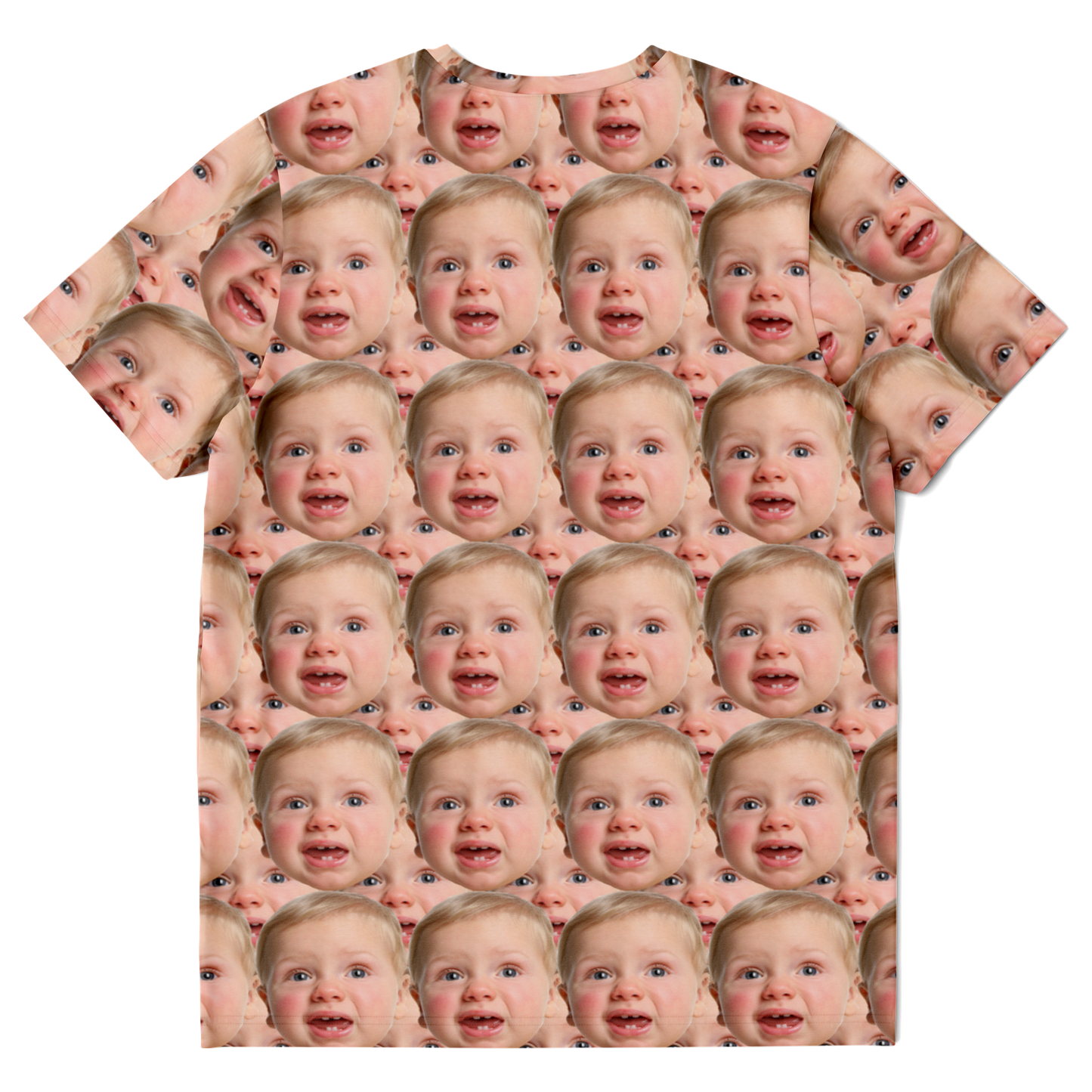 Back flat lay view of custom baby face t-shirt highlighting full print coverage and soft fabric texture.