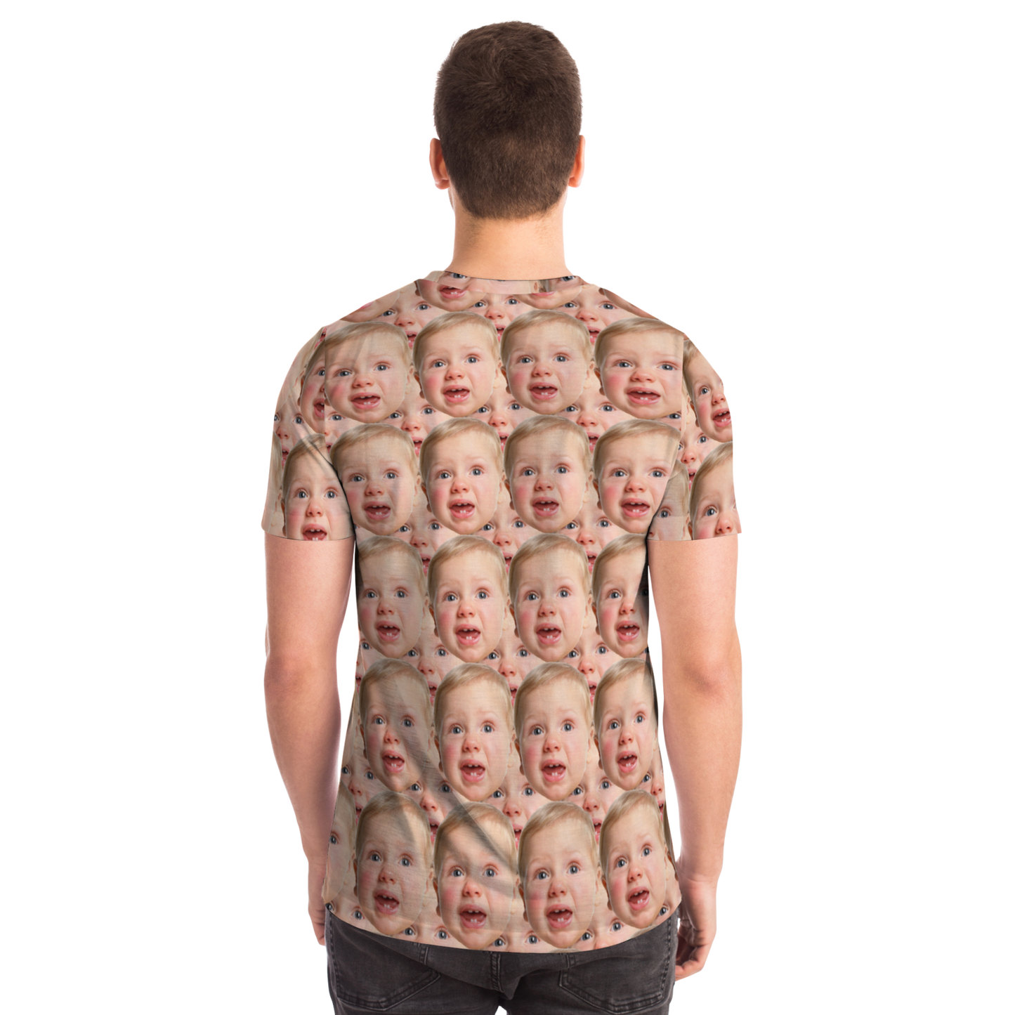 Back view of male model wearing custom baby face t-shirt, emphasizing the full-coverage custom print.