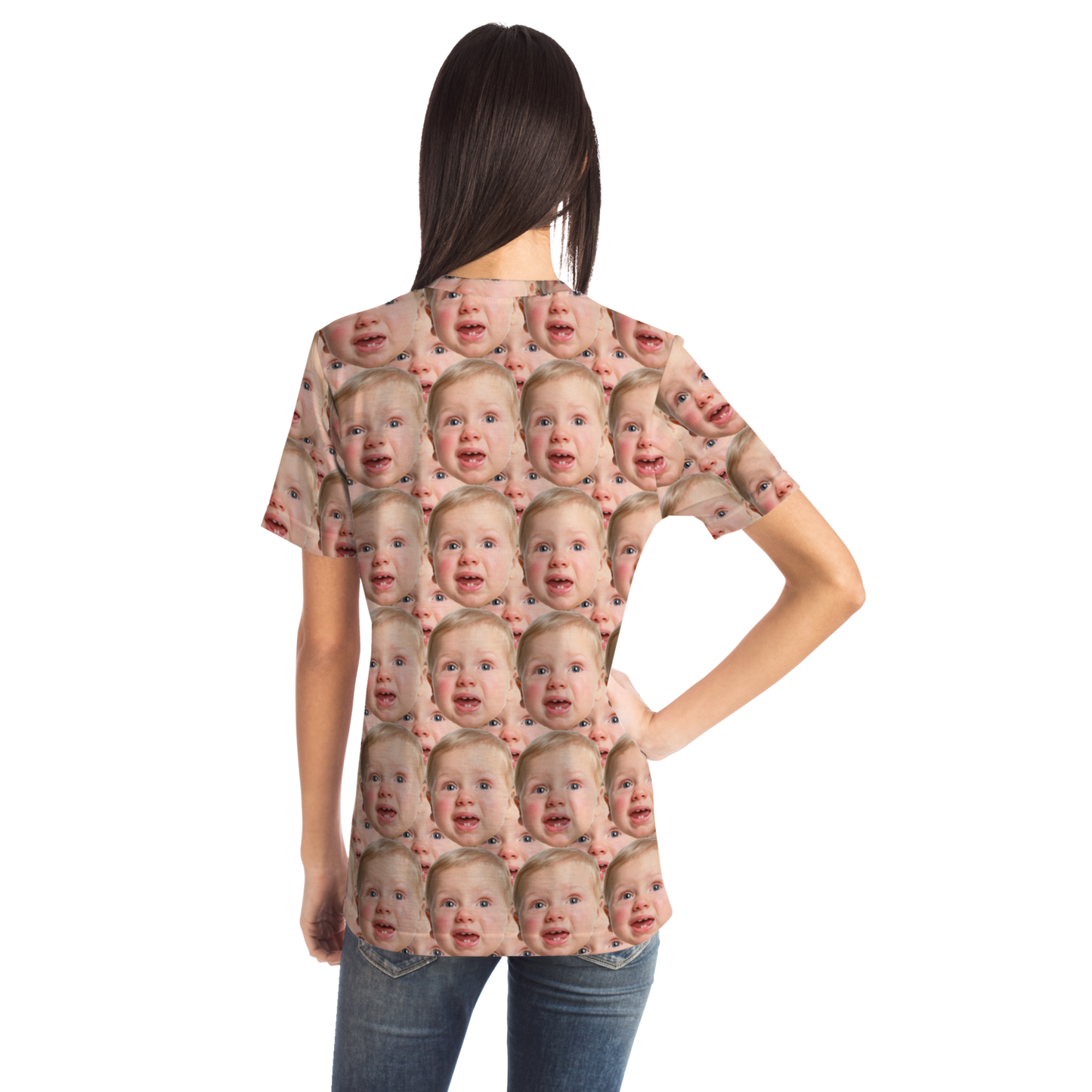 Back view of female model wearing custom baby face t-shirt, showcasing sleeve length and fit.