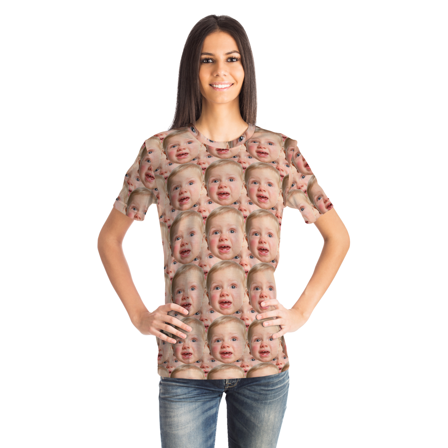 Female model posing with hands on hips in custom baby face t-shirt, highlighting the overall look.