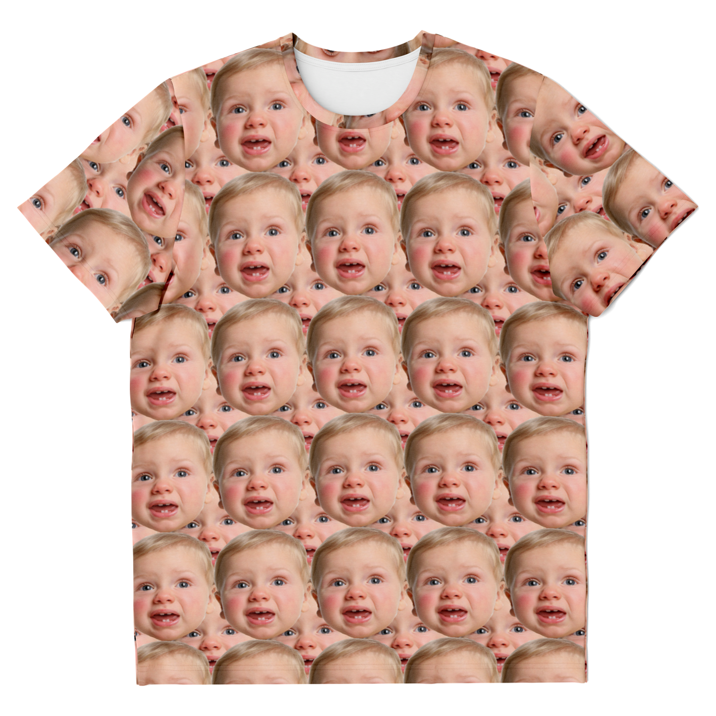 Front flat lay view of custom baby face t-shirt showing all-over high-definition personalized print.