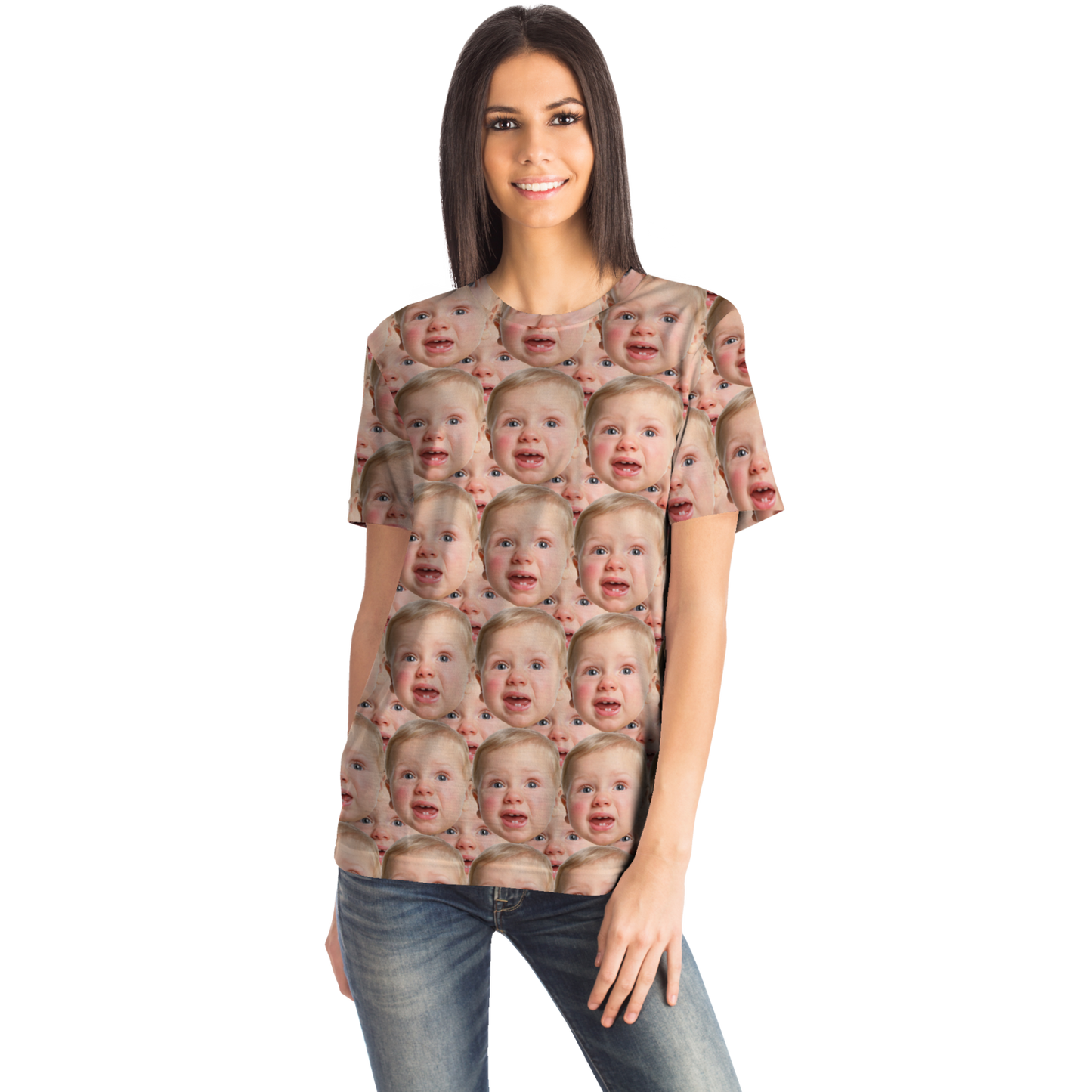 Female model wearing custom baby face t-shirt with a relaxed fit and personalized print design.