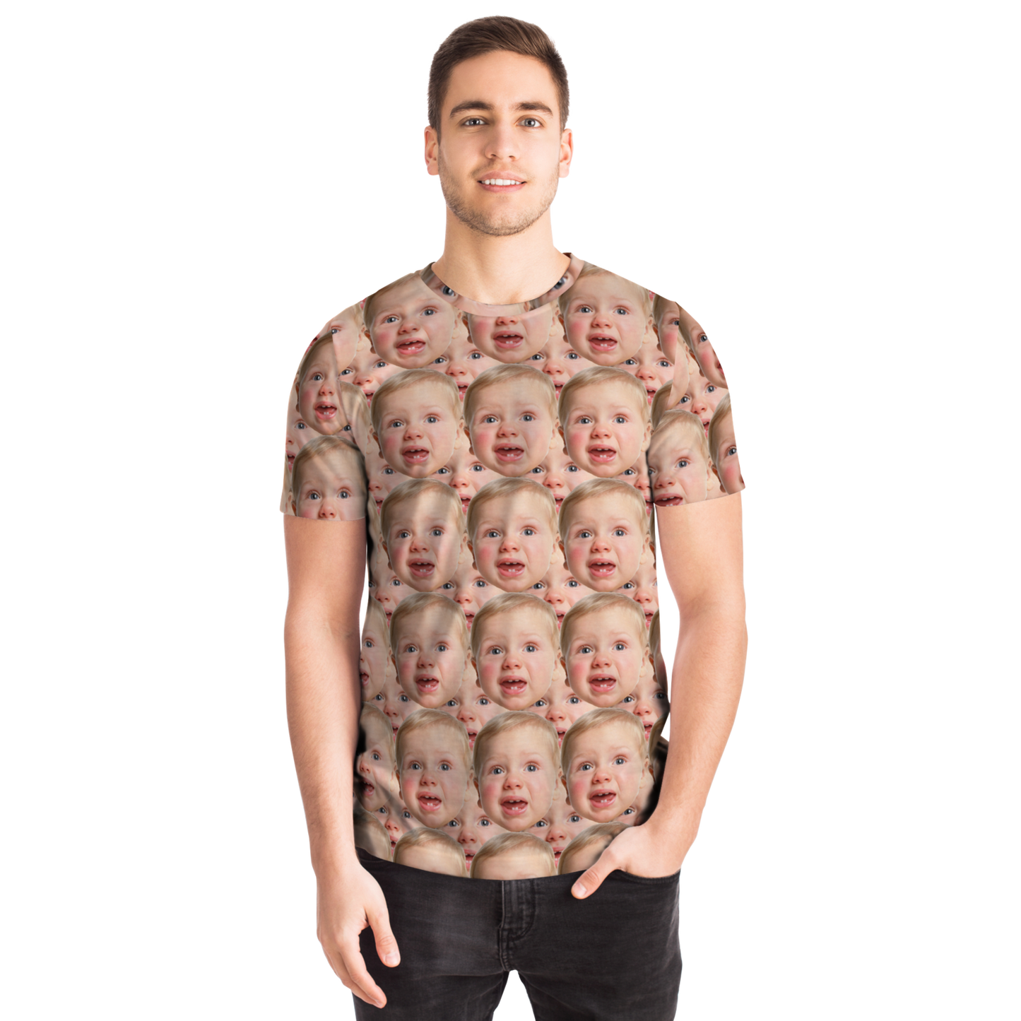 Male model in custom baby face t-shirt, presenting a straight-on view of the personalized design.