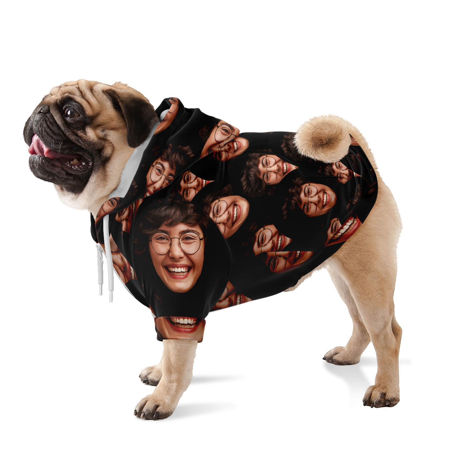 Side view of custom dog hoodie with repeated human face print — standing pose