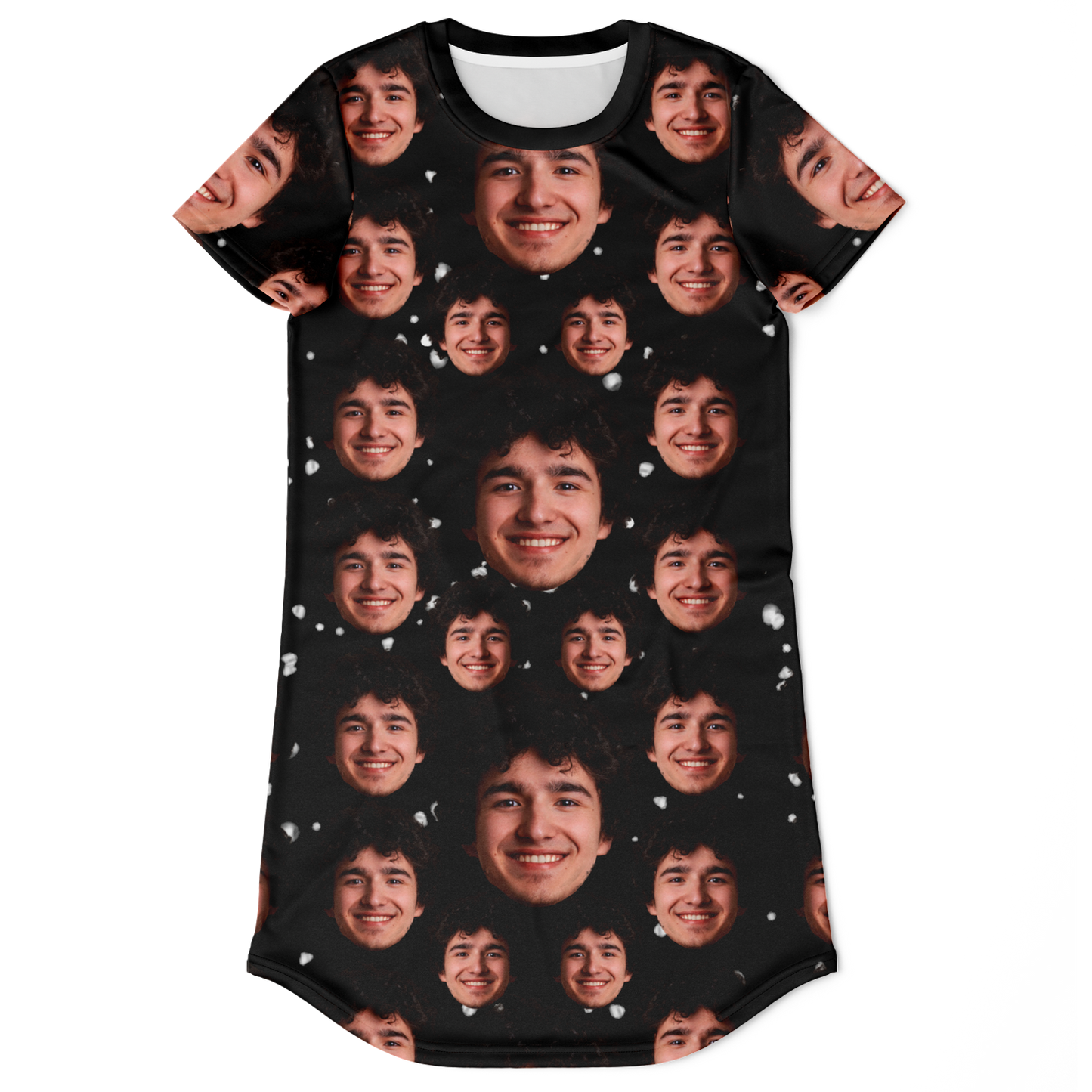 Custom t-shirt dress with face print, shown flat from the front for your own image upload