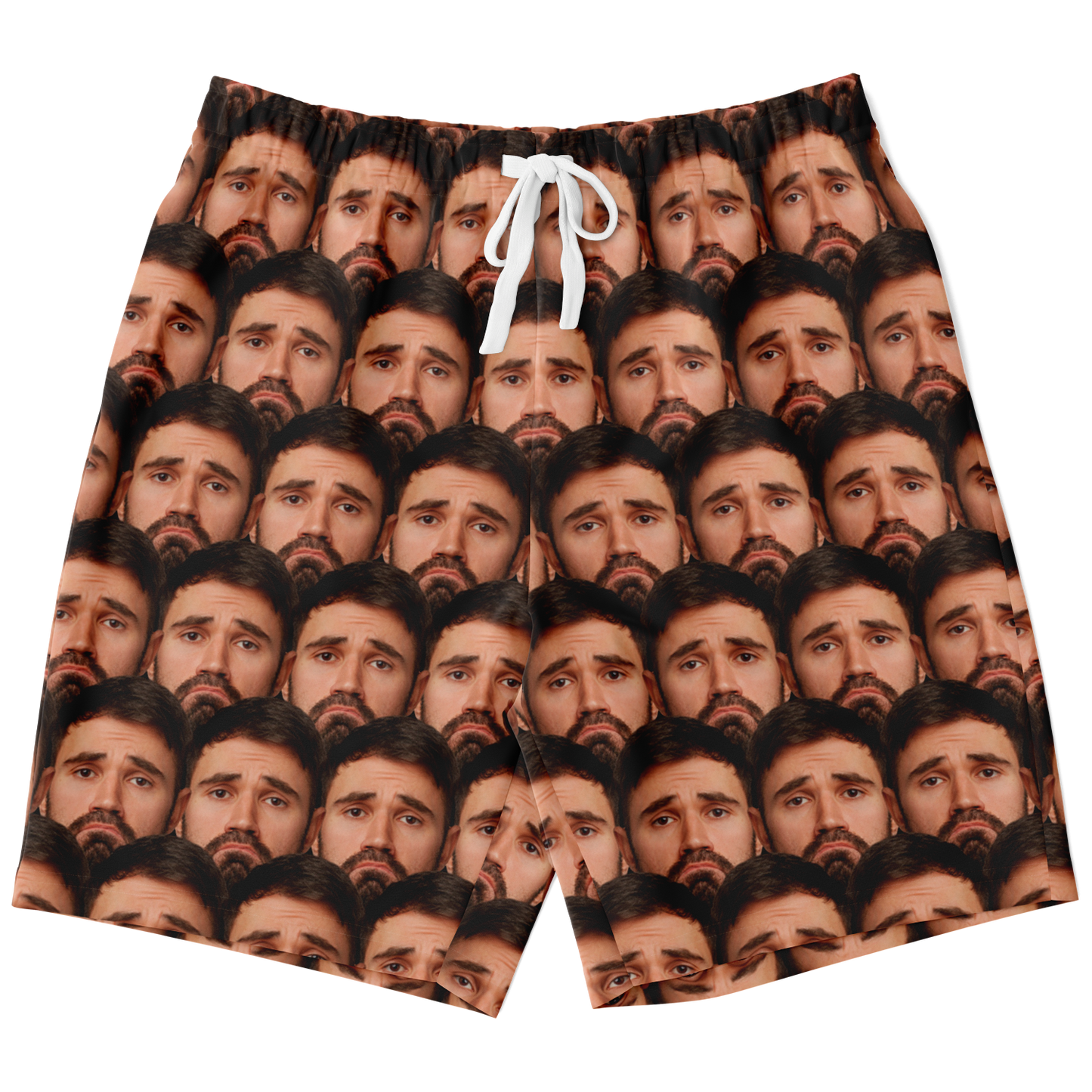 Front flat lay of shorts featuring a high-definition custom face print and adjustable white drawstring.