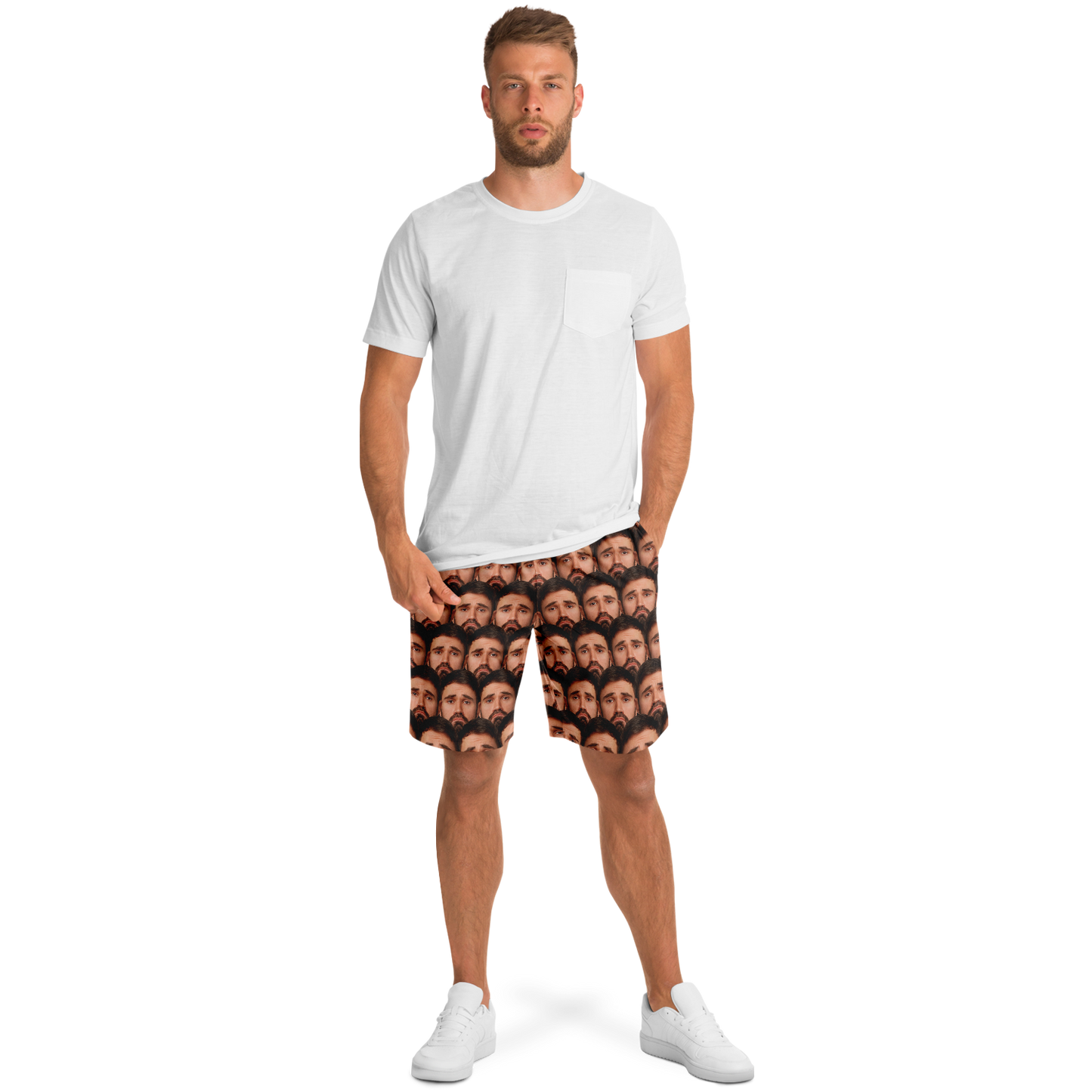 Lifestyle image of model in t-shirt and custom face print shorts, styled for casual everyday wear.