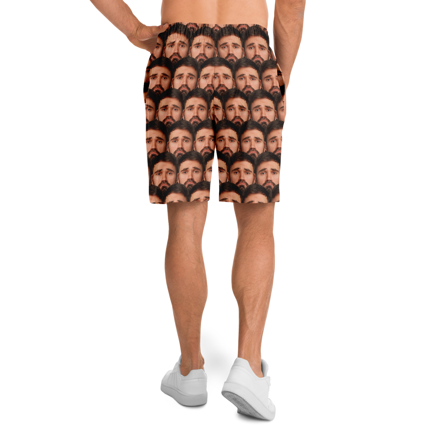 Side pose profile of model in custom shorts, highlighting comfort and bold personalized print.