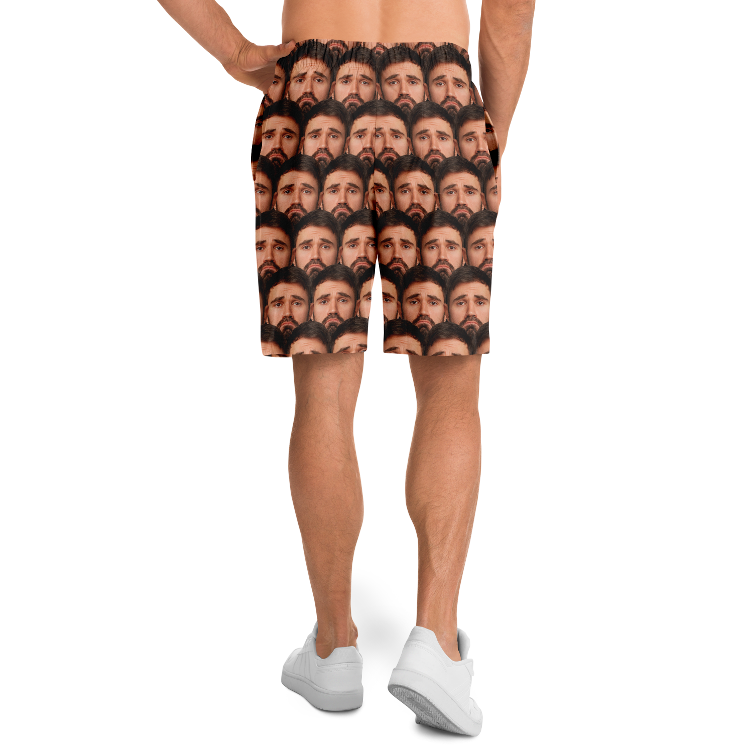 Side pose profile of model in custom shorts, highlighting comfort and bold personalized print.