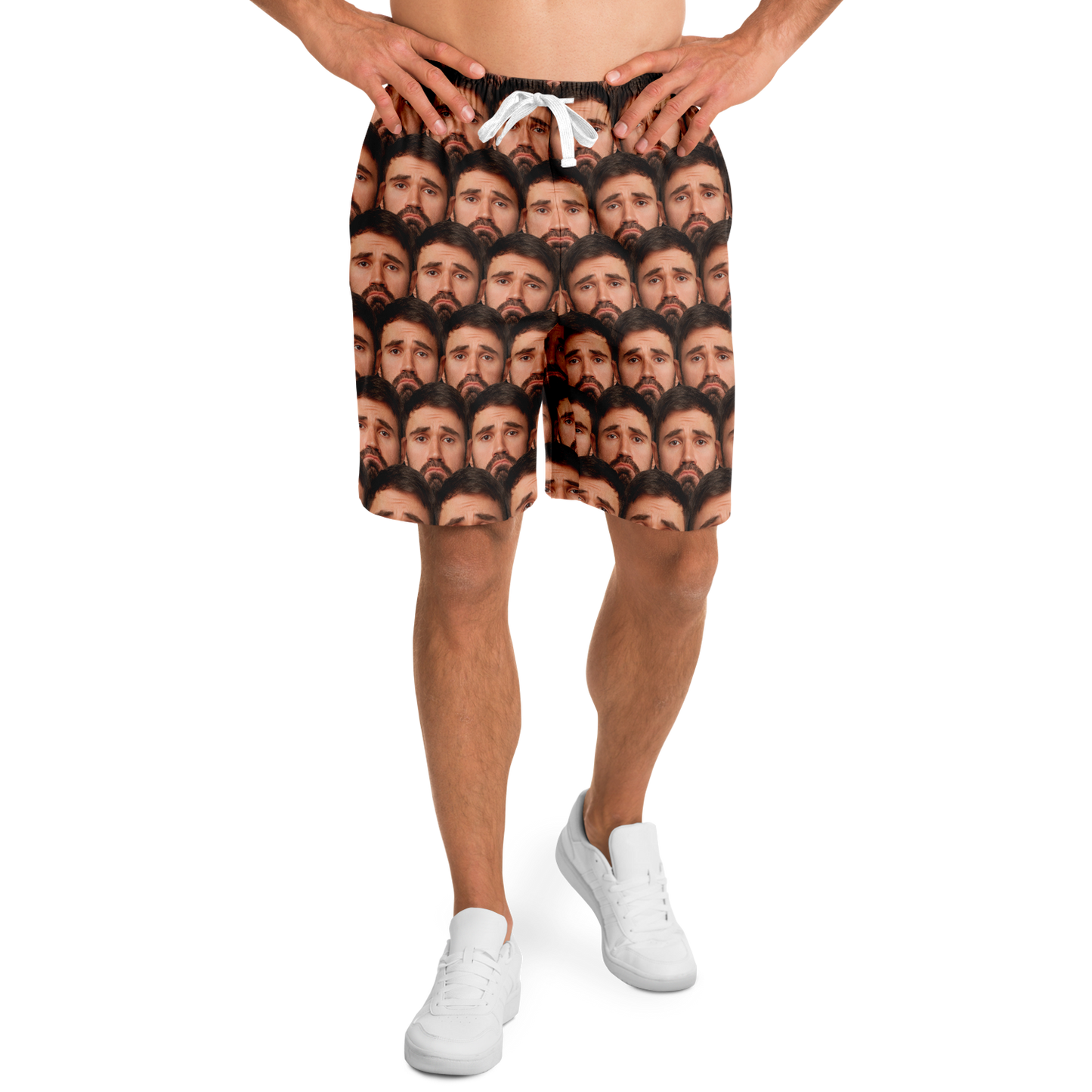 Front view of model wearing custom face print shorts, showcasing relaxed fit and vivid print.