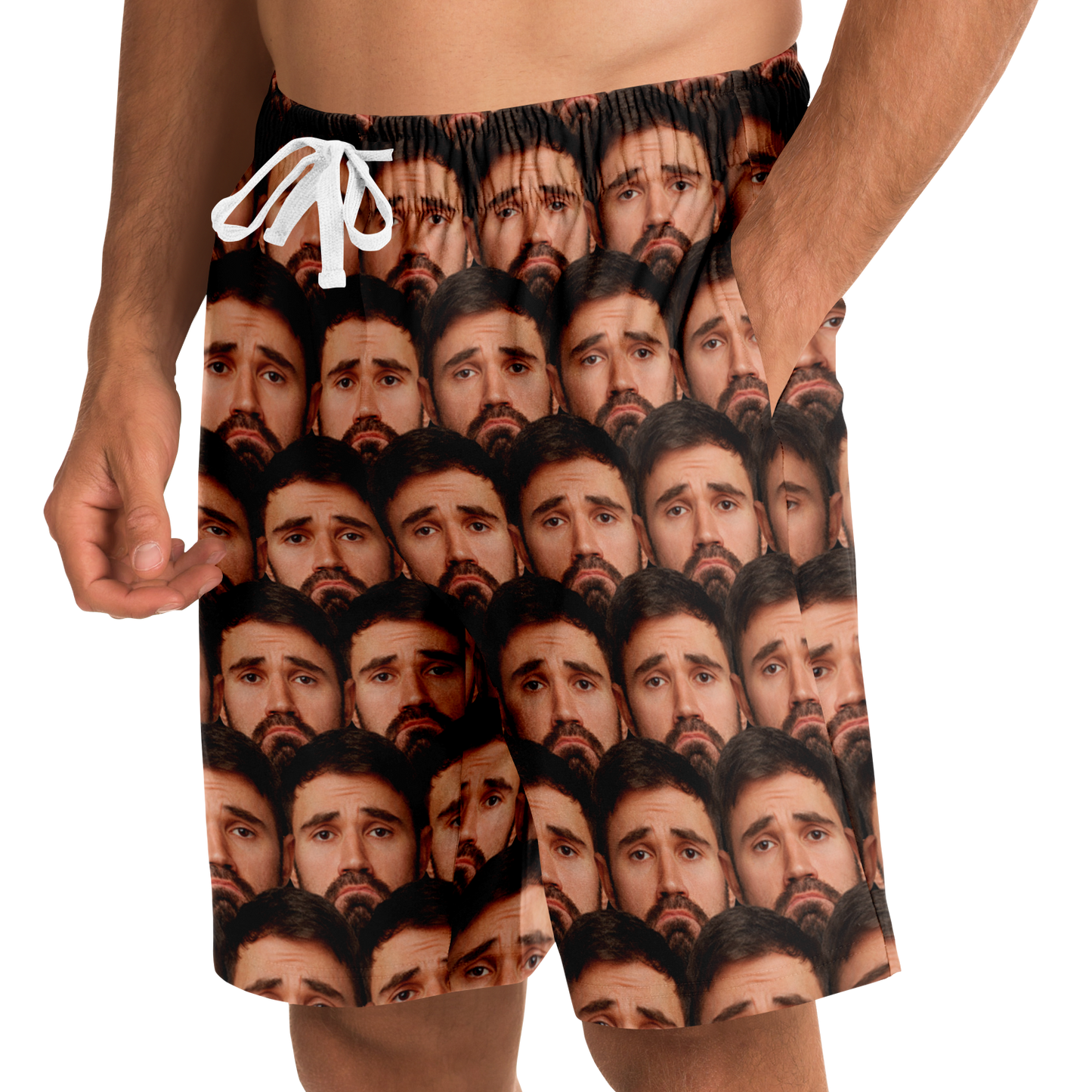 Side view of model wearing custom face print shorts with hand in pocket, highlighting fit and detailed personalized design.