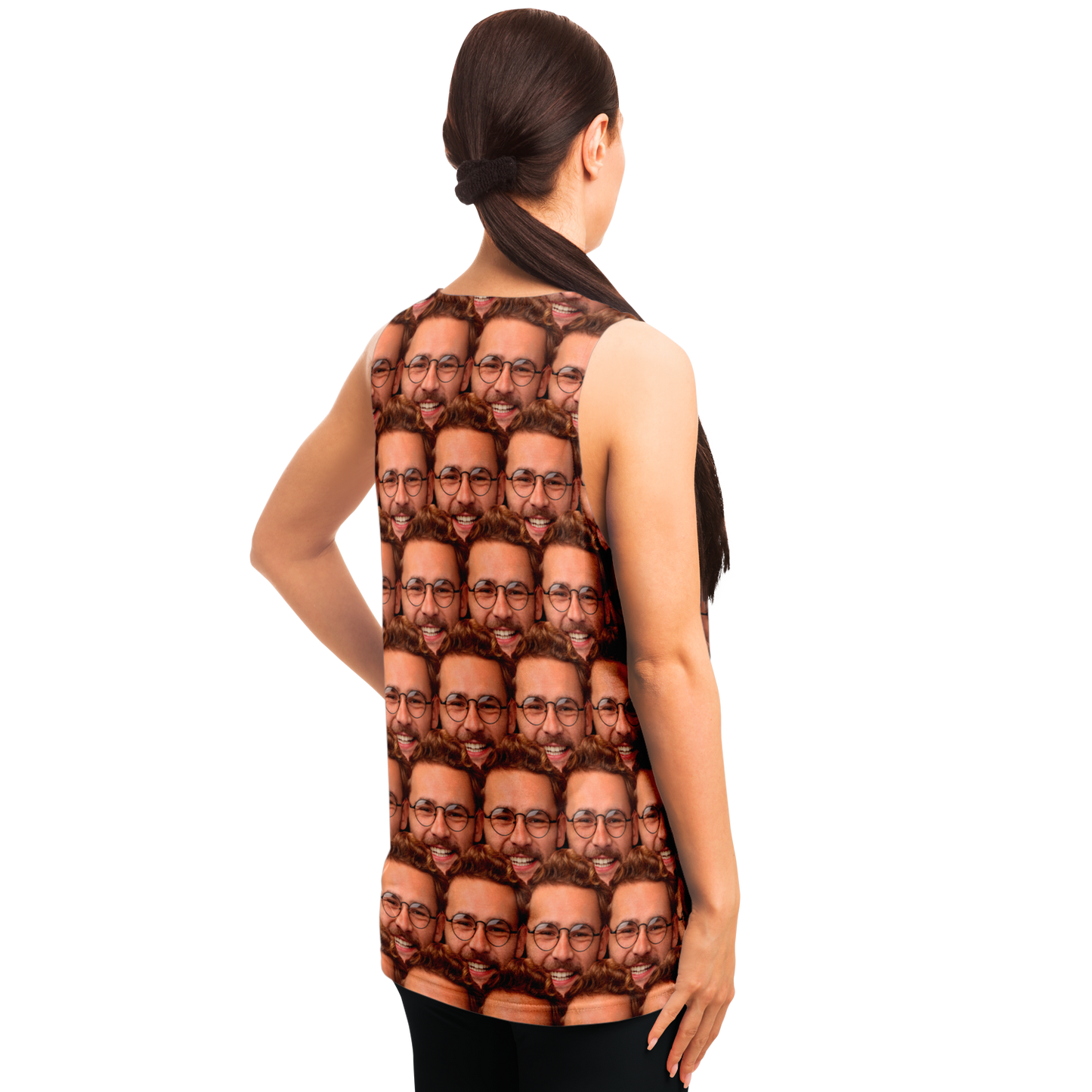 Woman modeling custom tank top with user-uploaded face print, angled back view