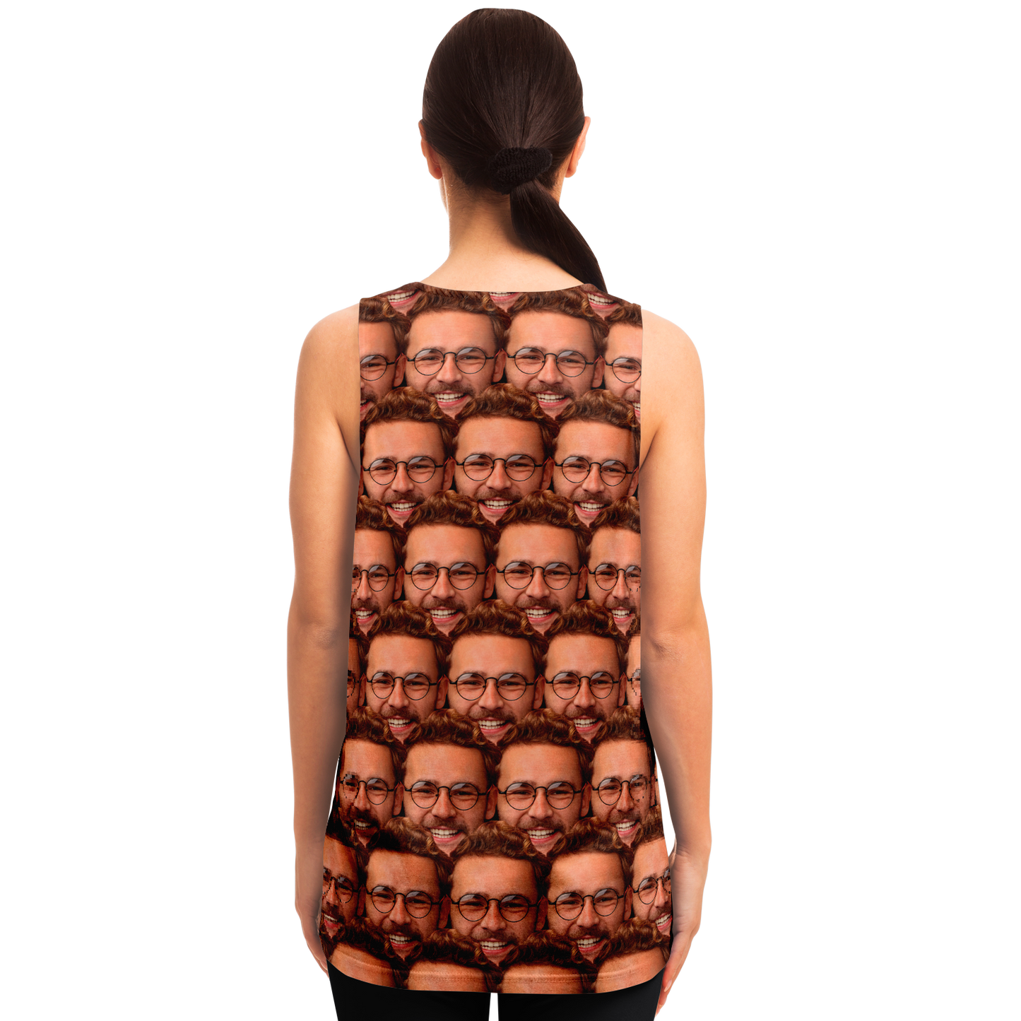 Back view of woman in custom face print tank top featuring personalized user artwork