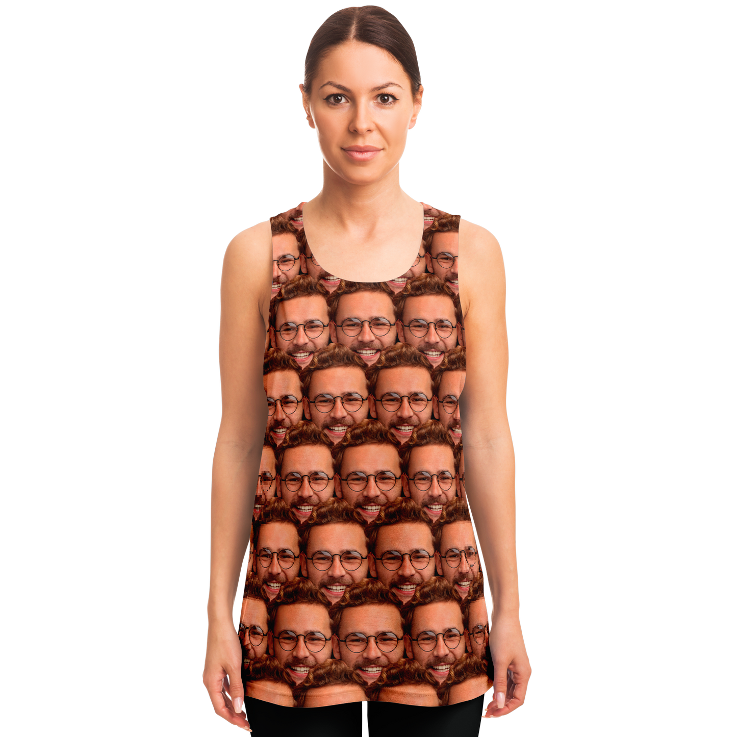 Woman wearing custom tank top with face design submitted by customer, front view