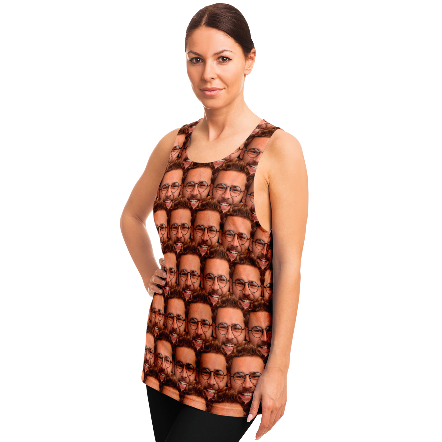 Side pose of woman wearing customizable face print tank top designed by customer