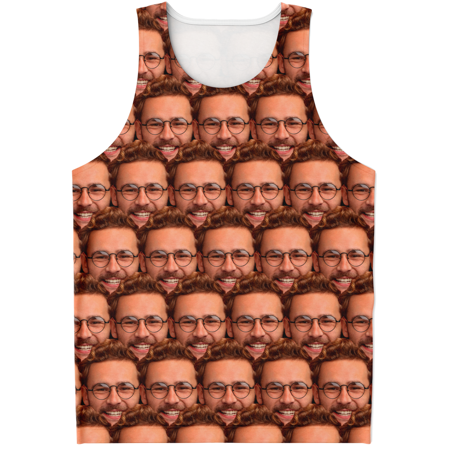 Custom face print tank top featuring user-submitted face design, front flat lay view