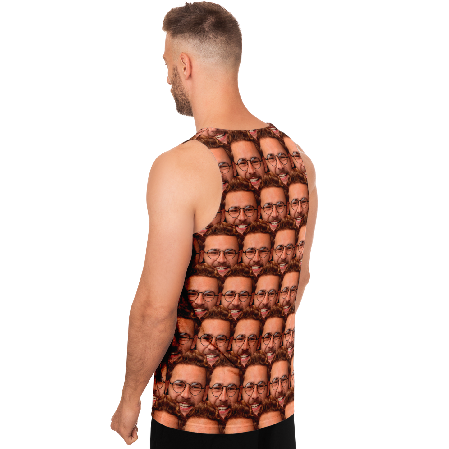 Angled back view of man wearing custom face print tank top designed with user-submitted photo