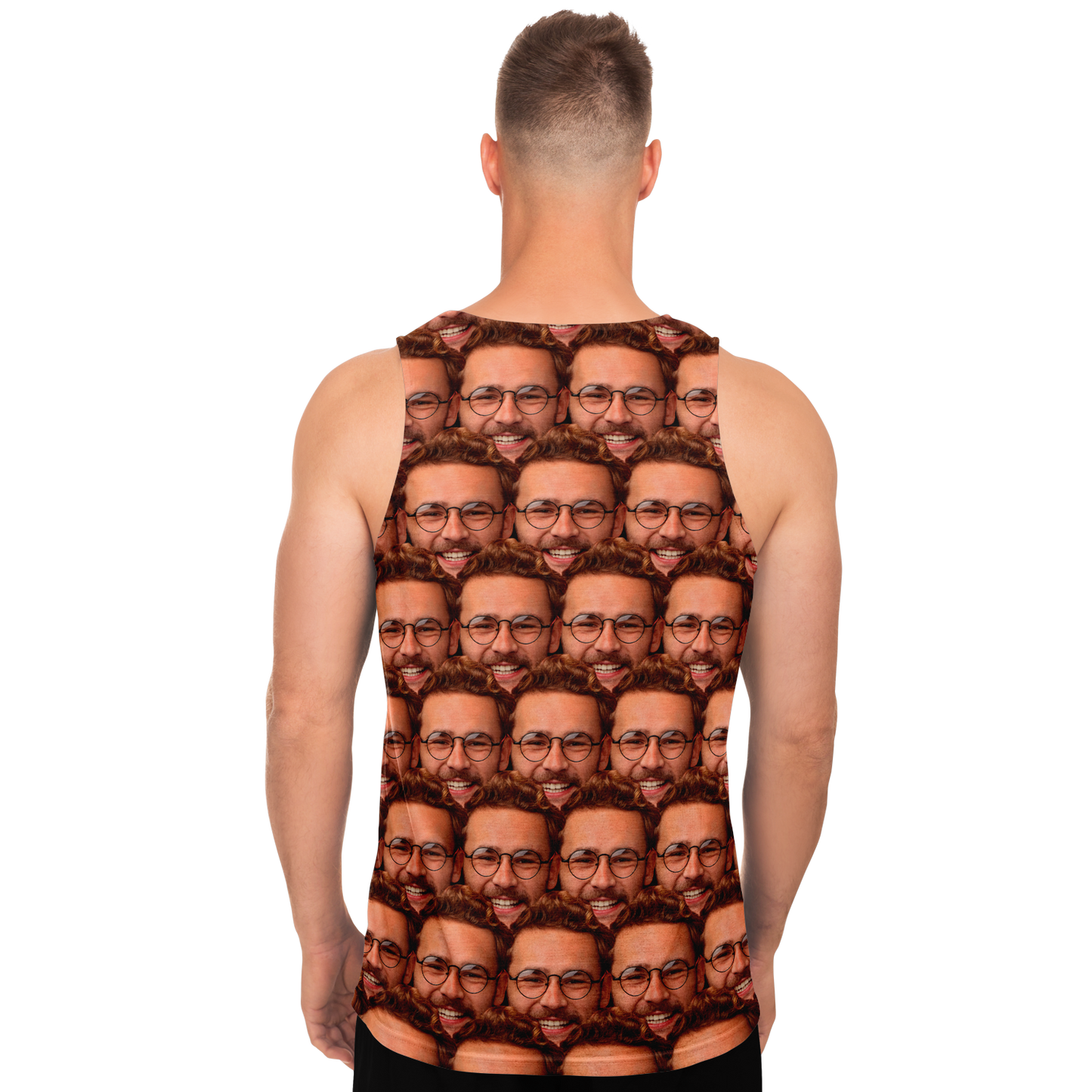 Back view of man wearing custom tank top with face collage created from user photo