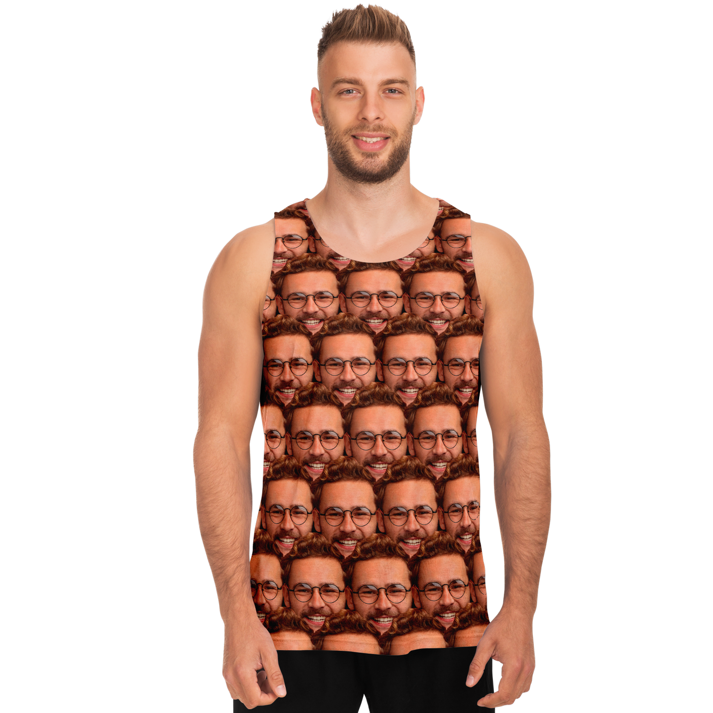 Front view of man wearing custom face print tank top with photo submitted by user