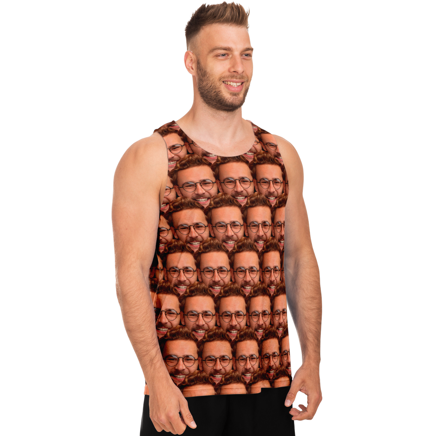 Side view of man in personalized face print tank top designed by customer