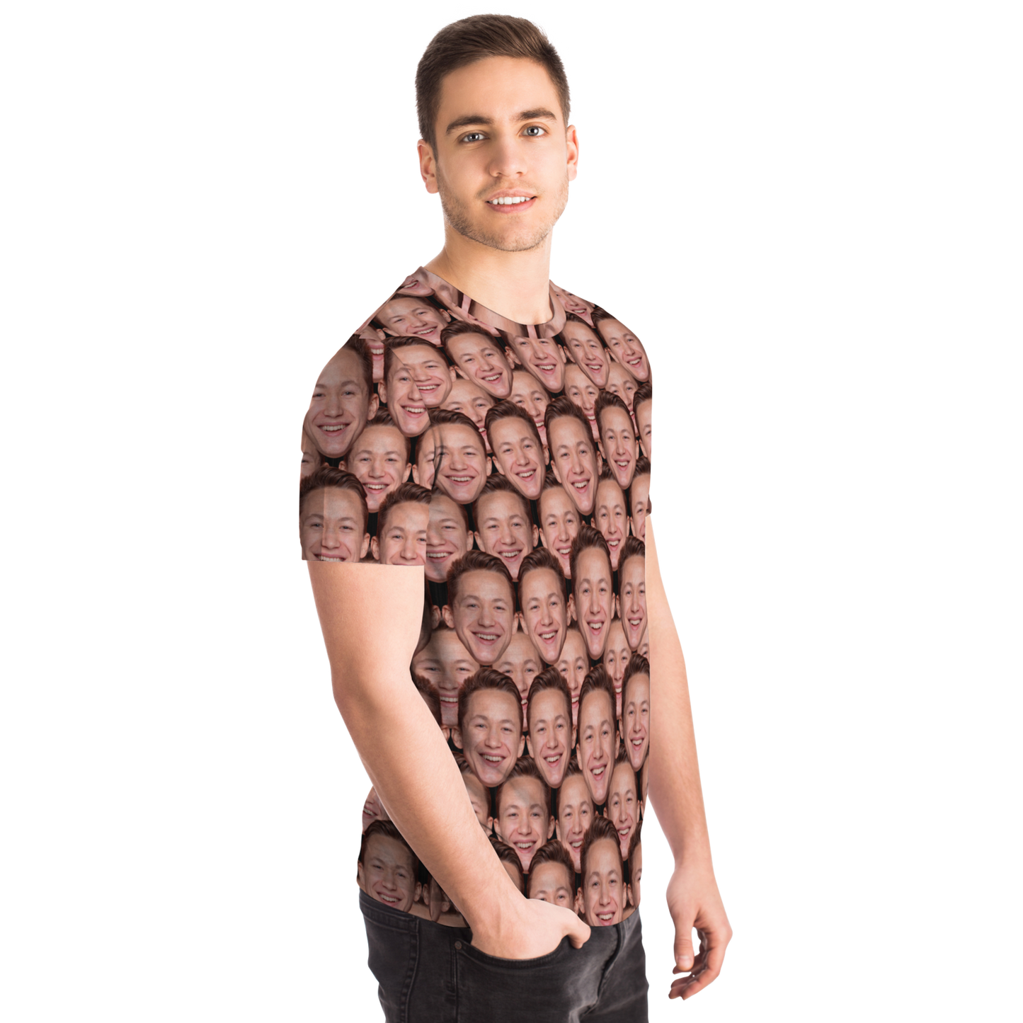 Man wearing custom face print t-shirt, angled side pose