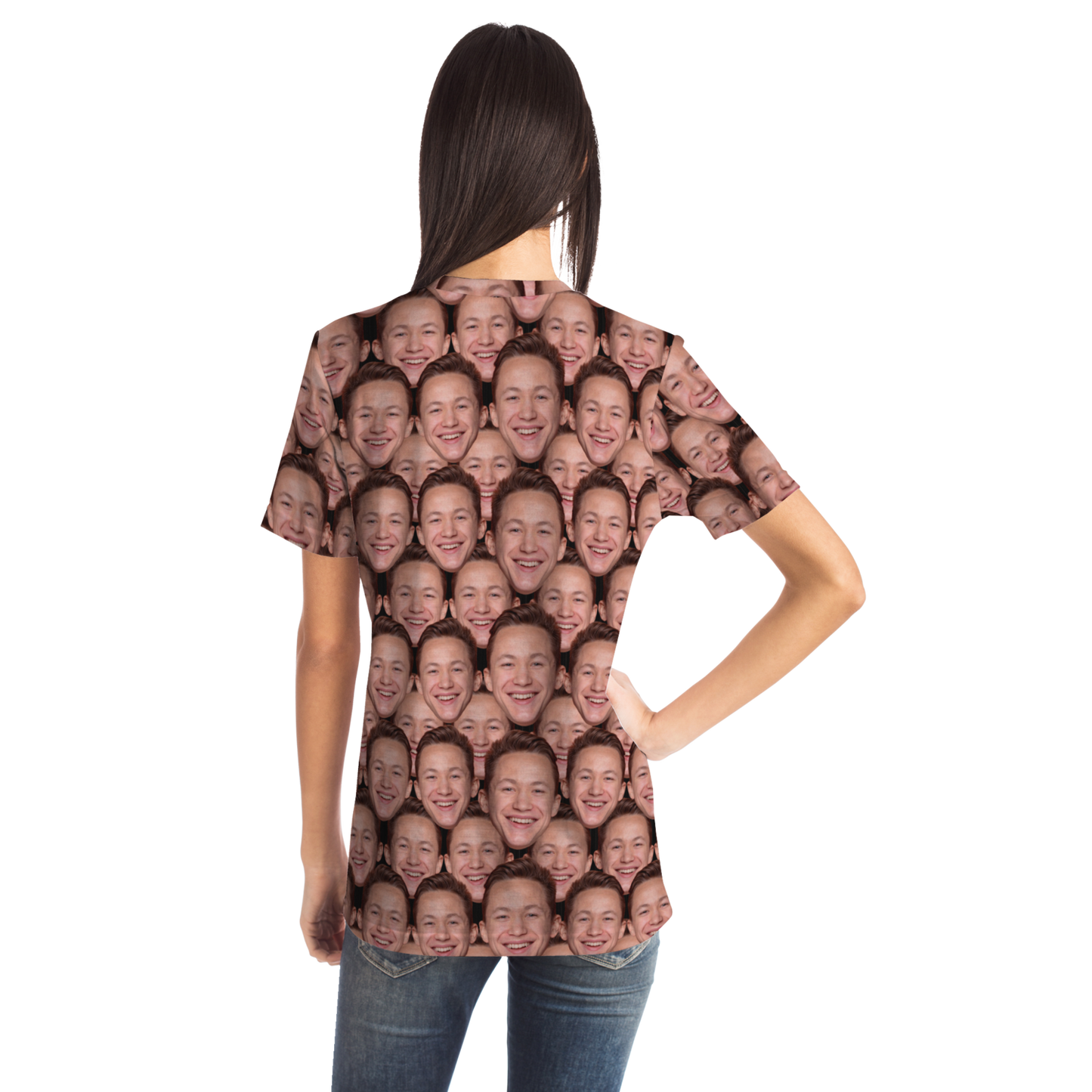 Woman modeling custom face print t-shirt, back view