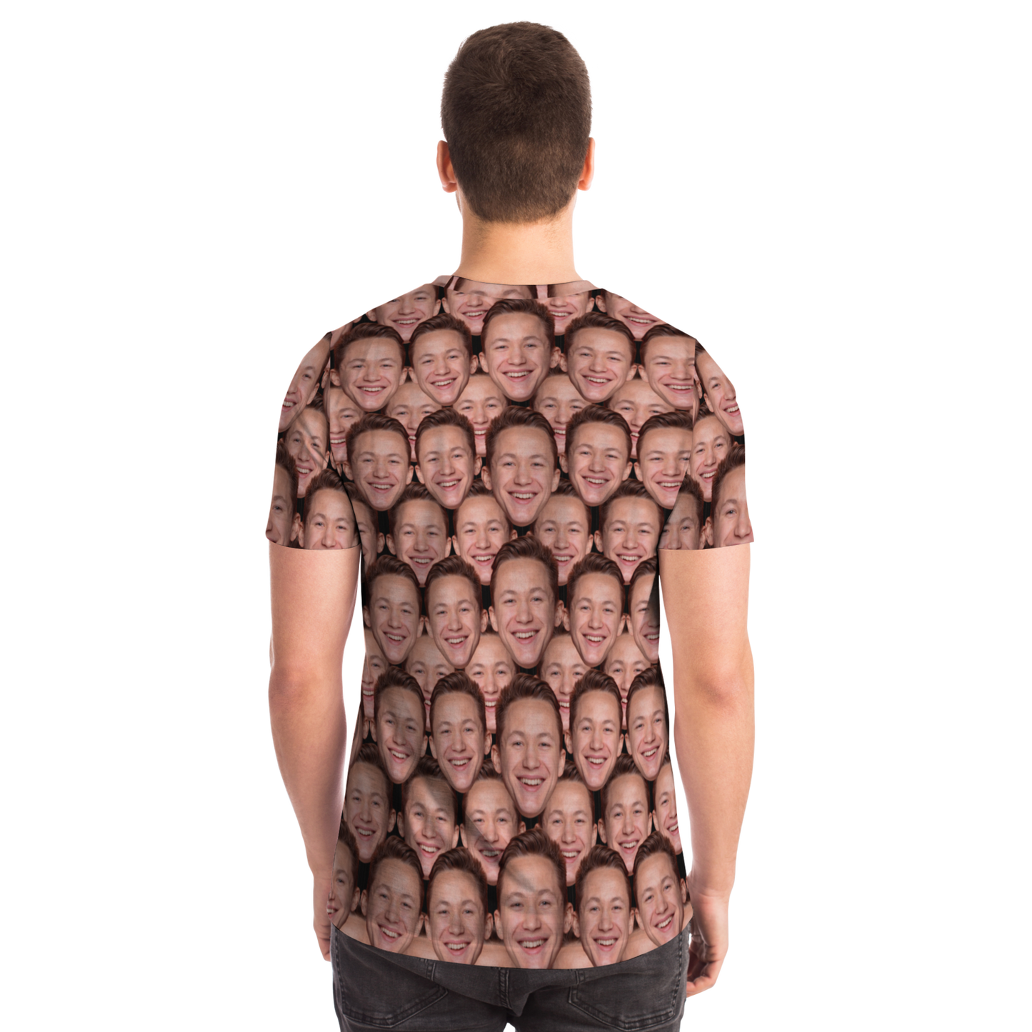 Man modeling custom face print t-shirt, back view