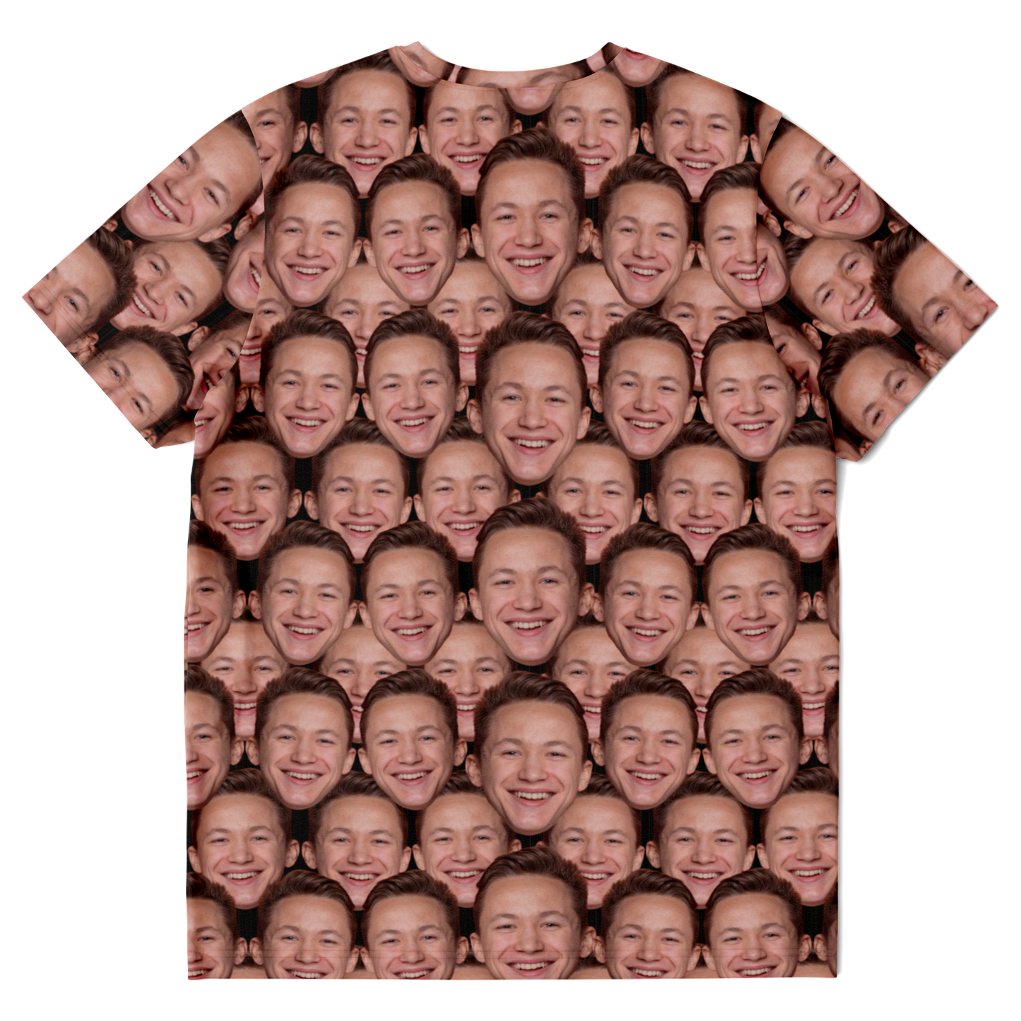 Custom face print t-shirt with repeated face pattern, back flat lay view
