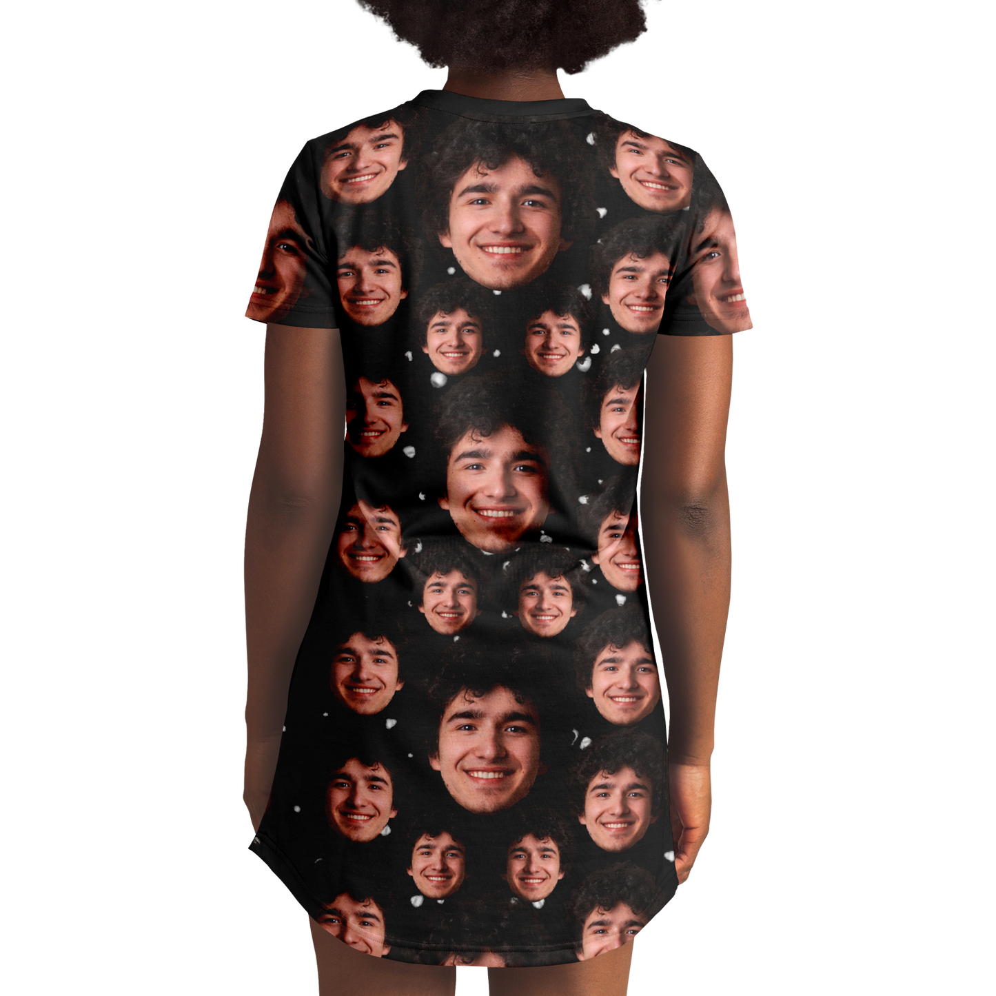 Back view of woman wearing custom face print t-shirt dress