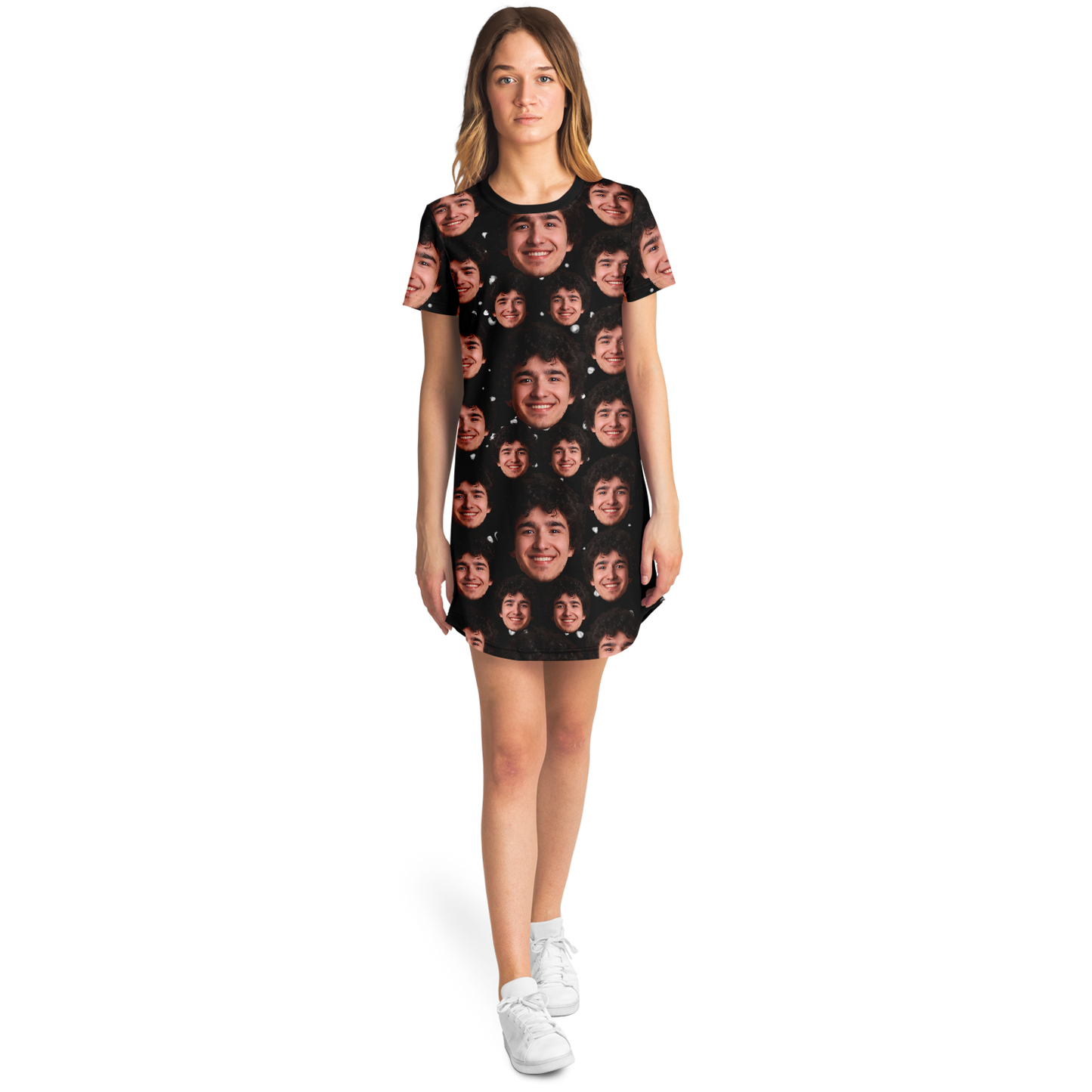 Front view of woman wearing black t-shirt dress featuring your custom face print