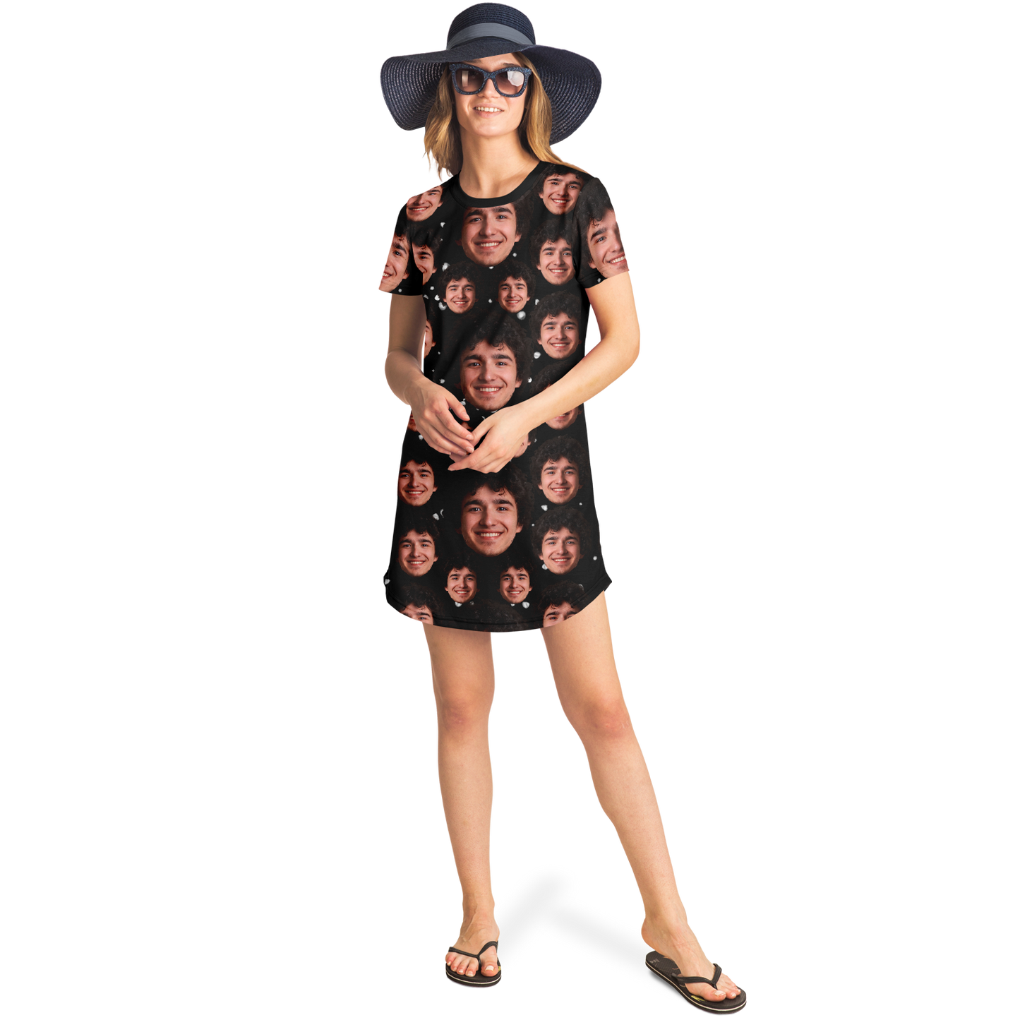 Woman wearing custom face print t-shirt dress and hat, full-body front view