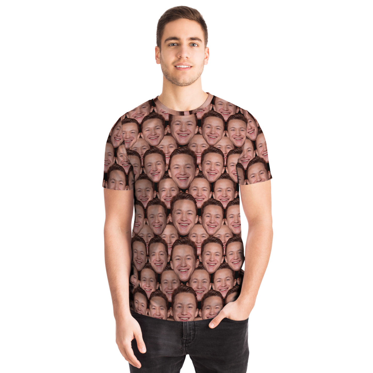 Man modeling custom face print t-shirt, front view