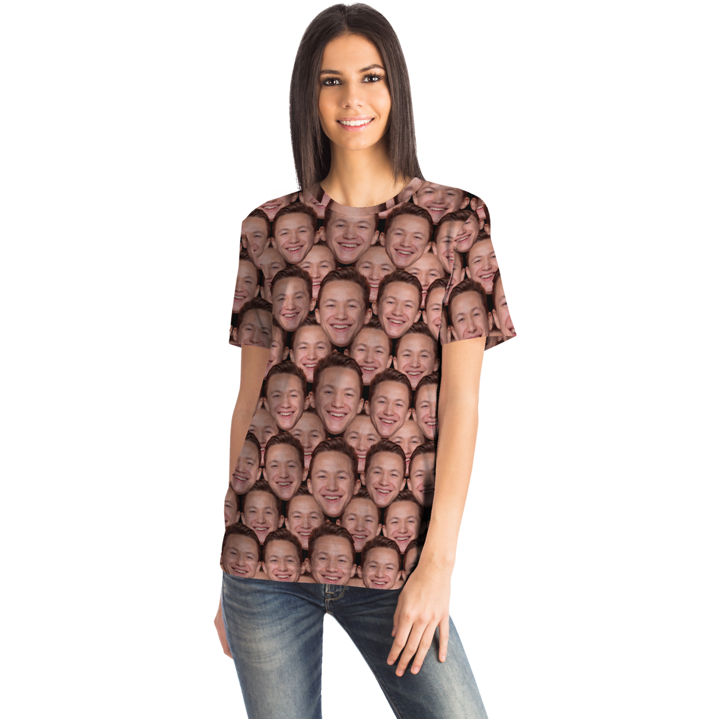 Woman wearing custom face print t-shirt, side view
