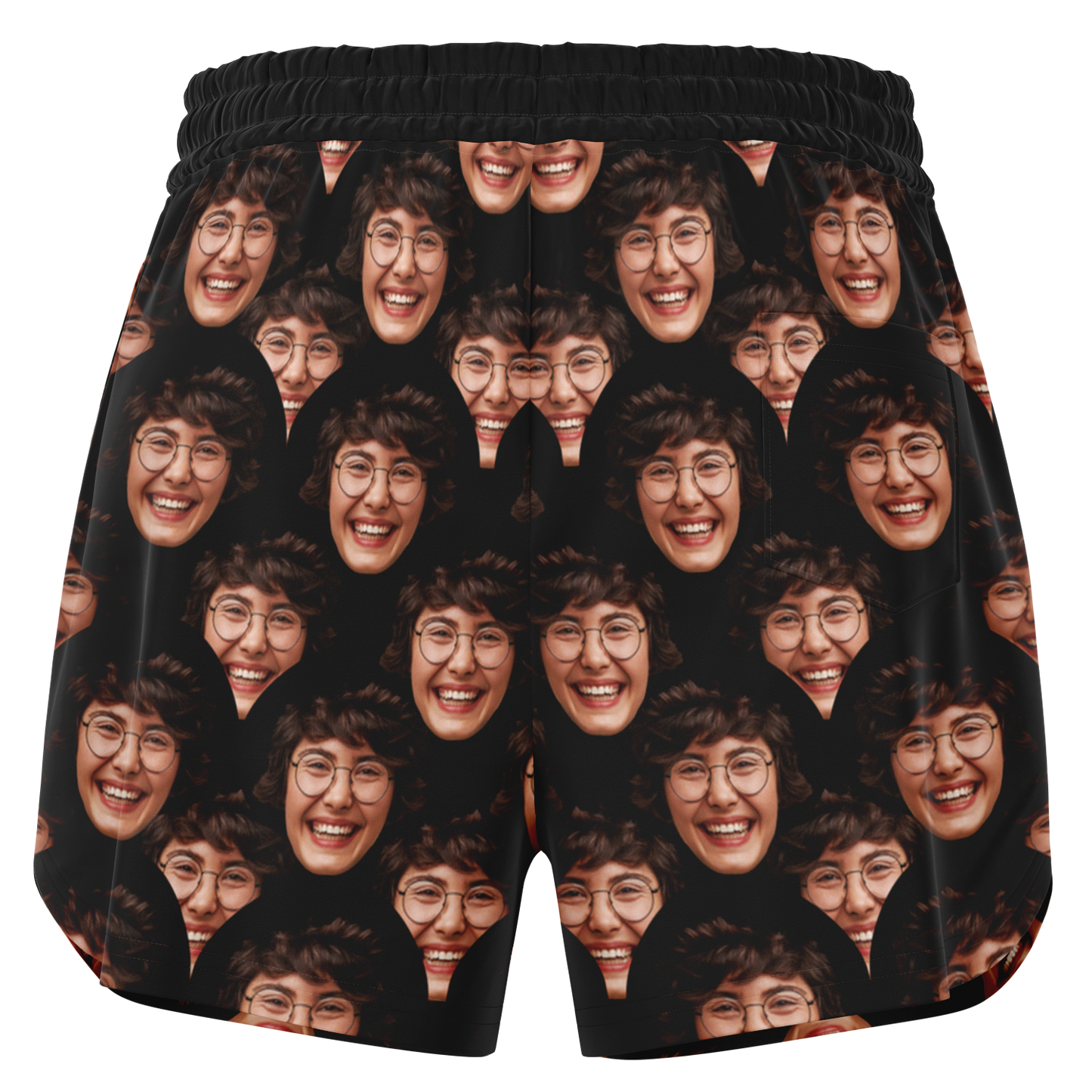 Back view of Custom Face Shorts with elastic waistband, featuring custom all-over face print design on black background