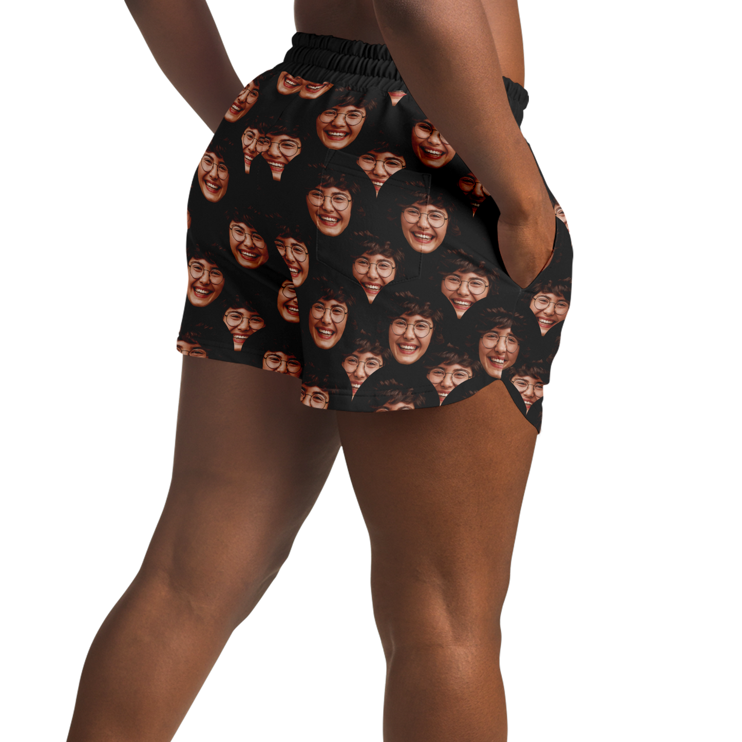 Angled back-side view of Custom Face Shorts on woman with custom face print