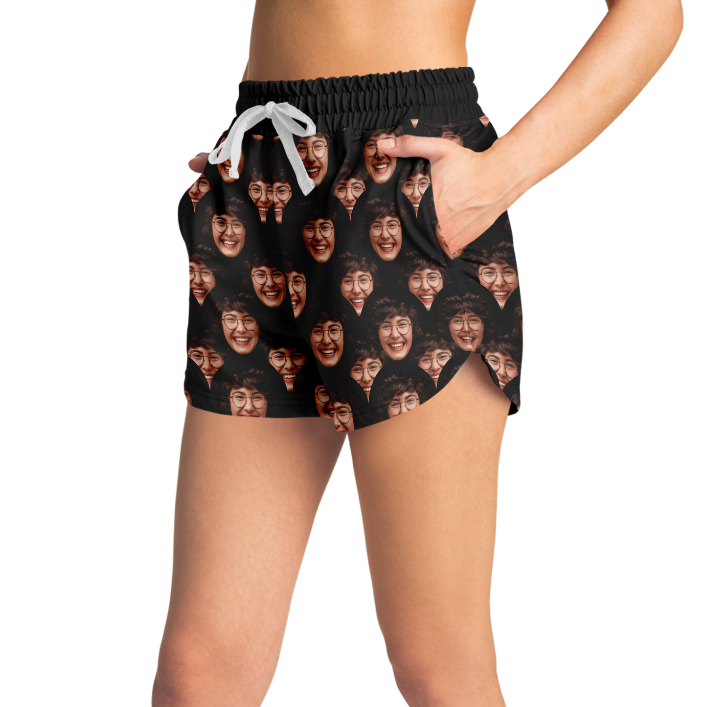 Side view of Custom Face Shorts on woman with all-over face design