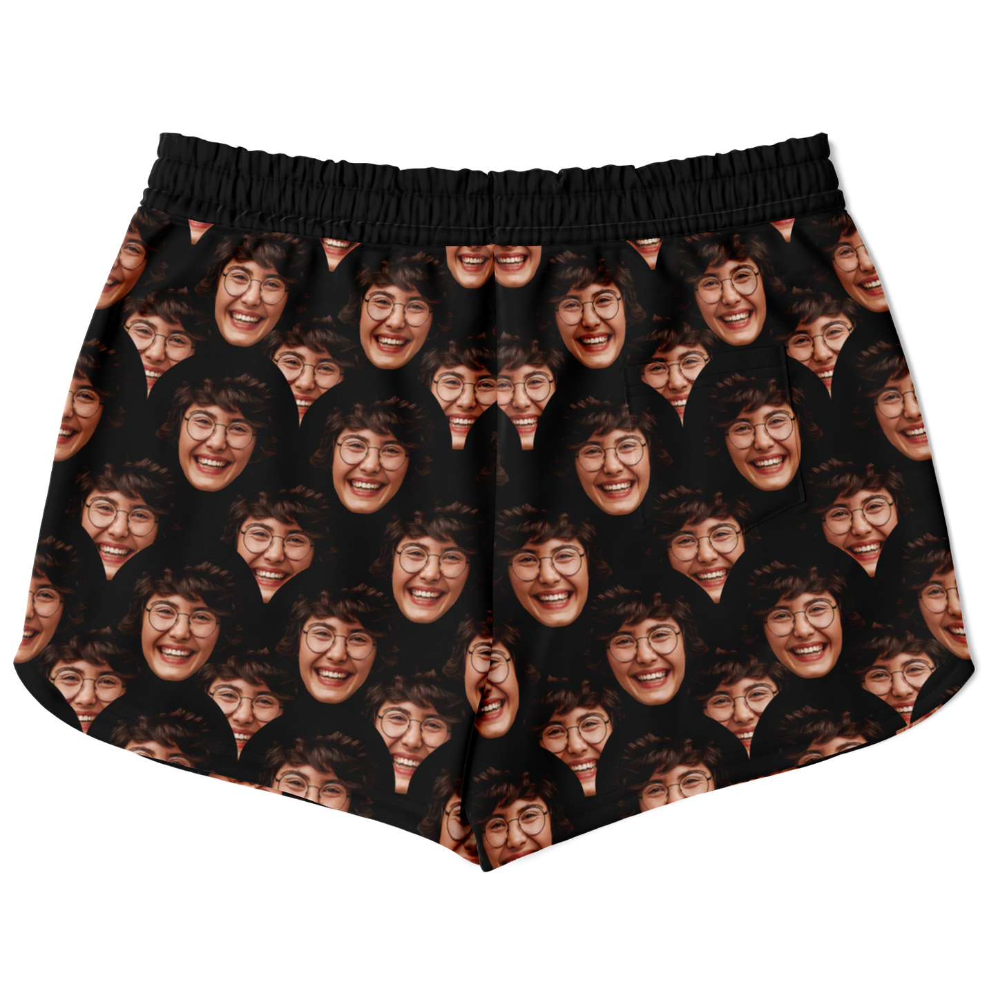 Flatlay back view of Custom Face Shorts with repeating custom face design