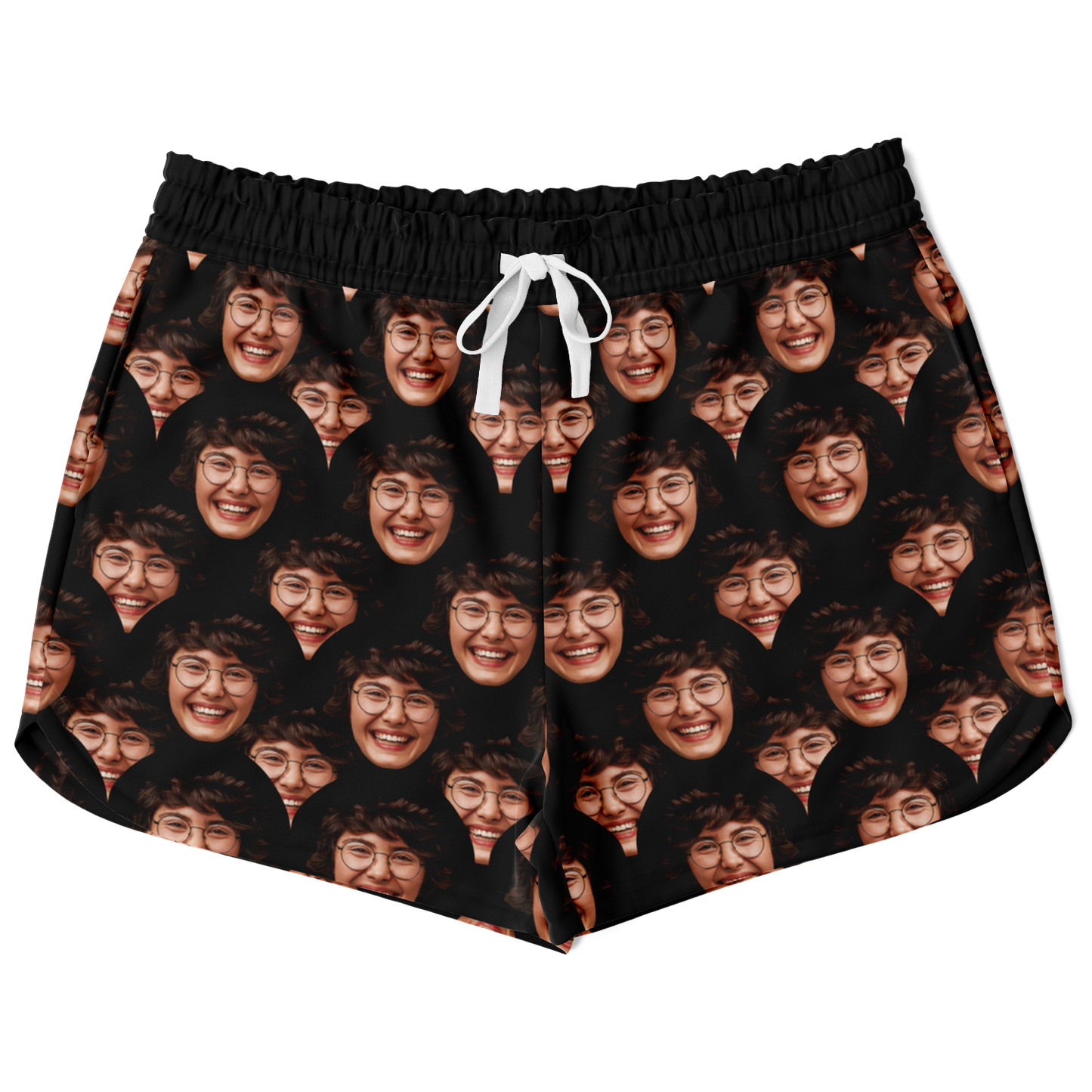 Flatlay front view of Custom Face Shorts featuring all-over personalized face print on black fabric