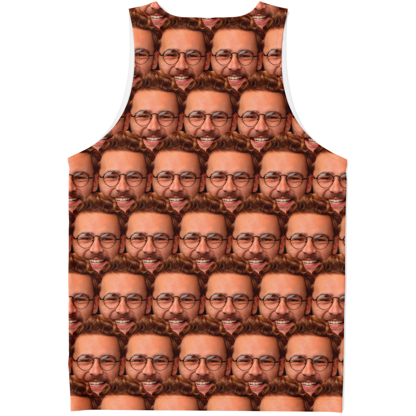 Custom tank top with customer-uploaded face collage, back flat lay view