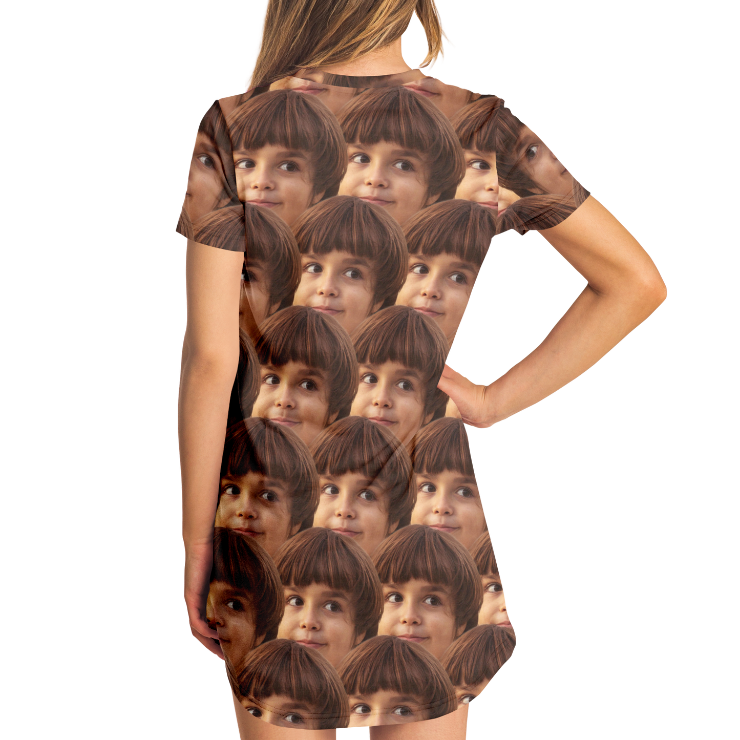 Back side view of woman with hand on hip wearing Custom Face Print T-Shirt Dress