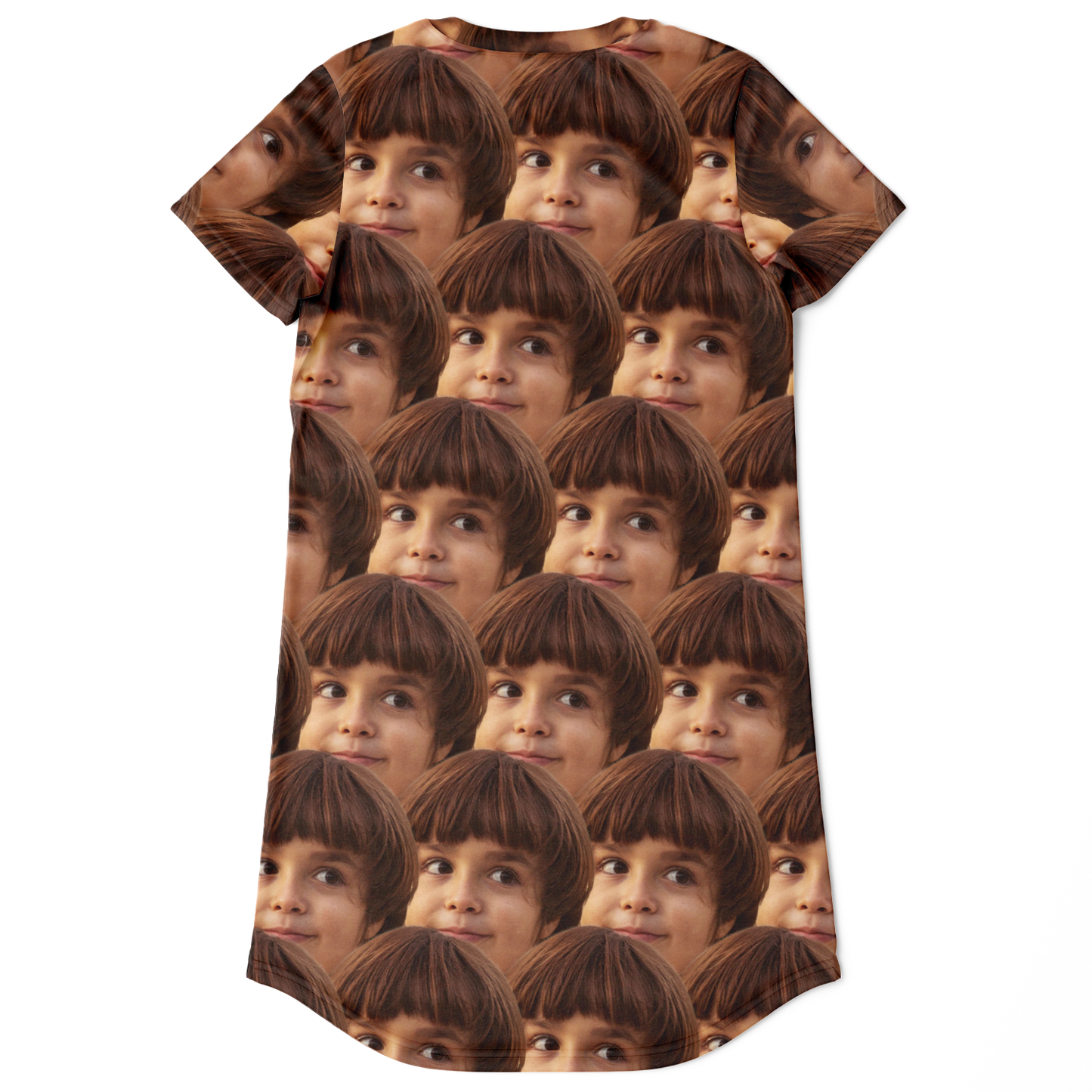 Flatlay back view of Custom Face Print T-Shirt Dress with full all-over face design