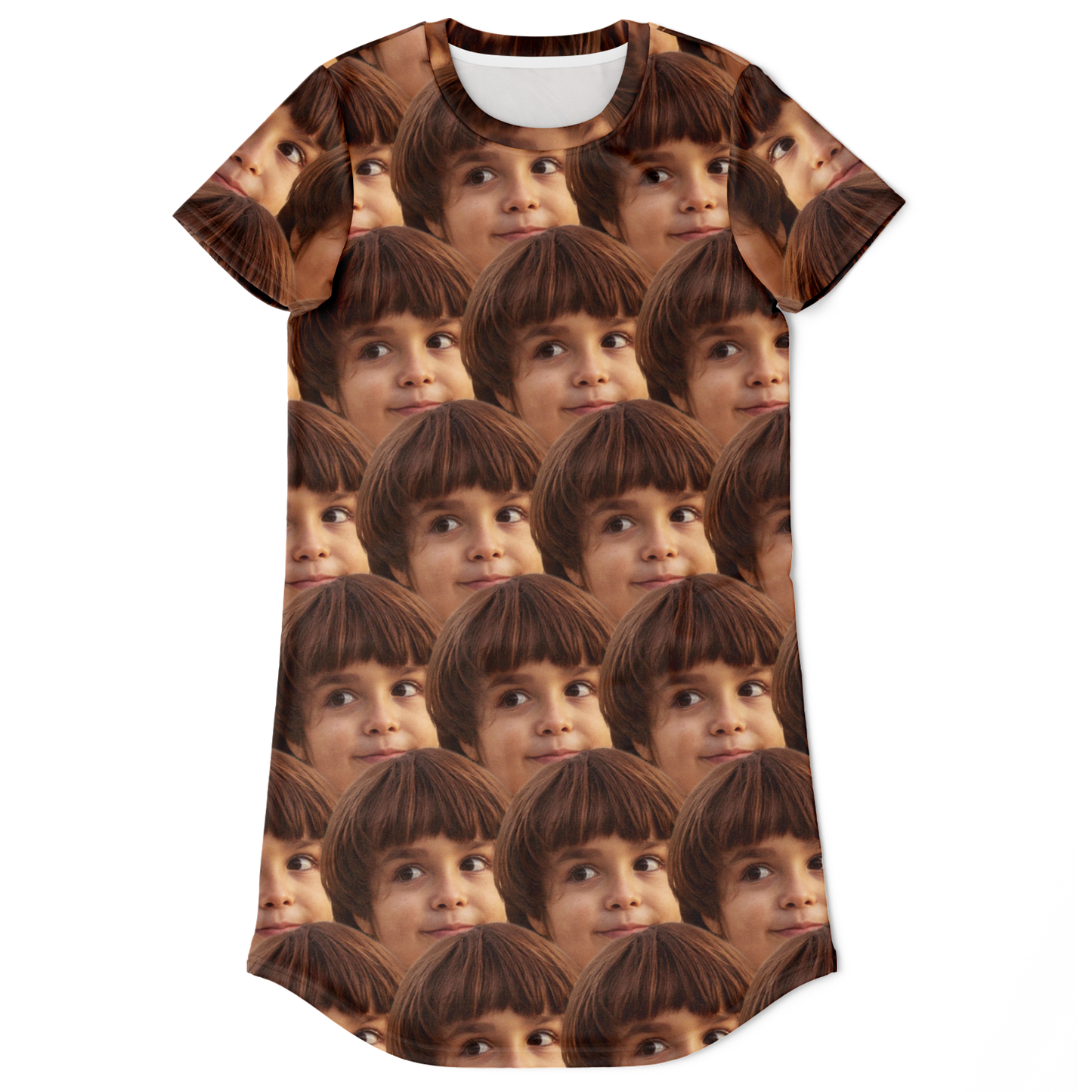 Flatlay front view of Custom Face Print T-Shirt Dress with repeated custom face pattern