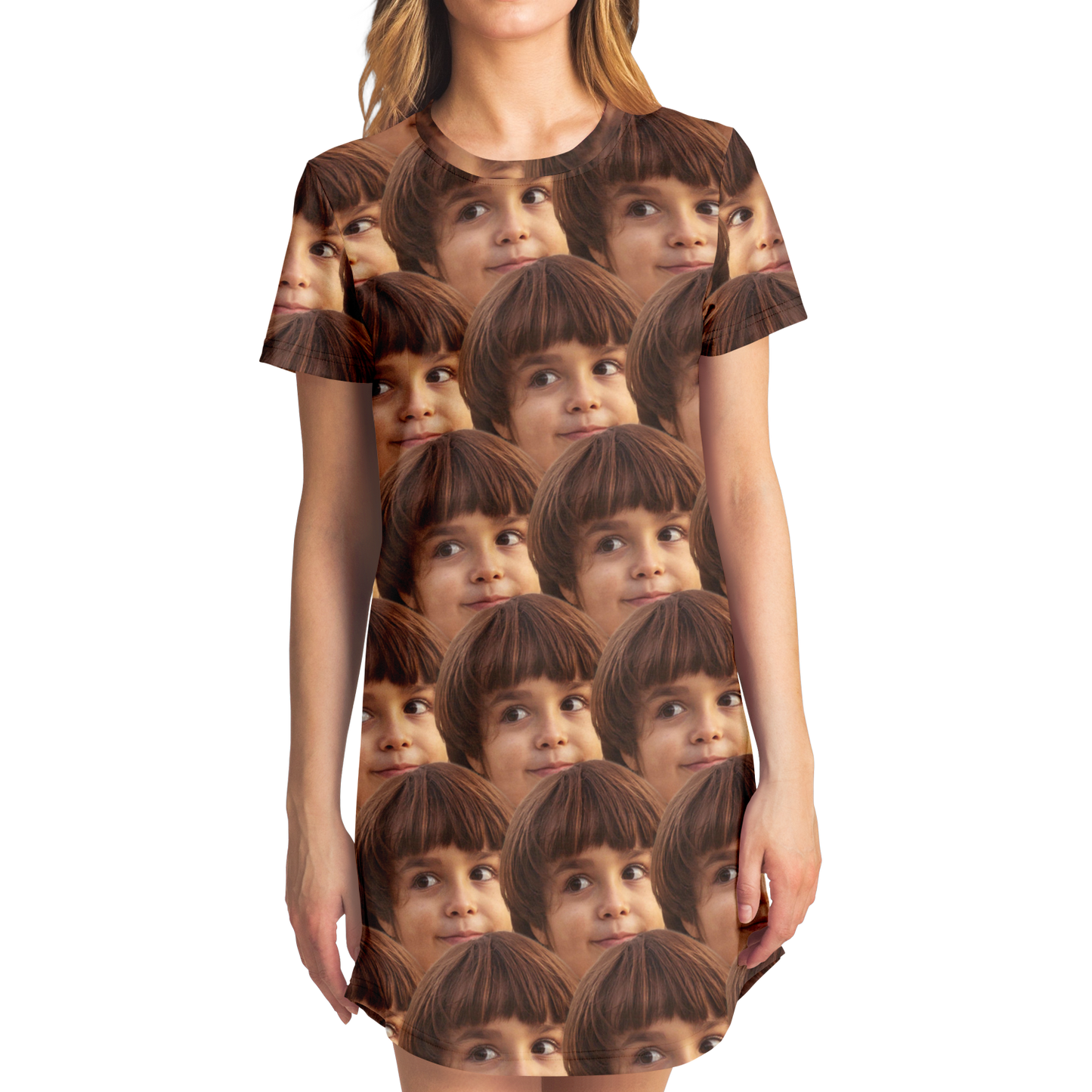 Side view of woman wearing Custom Face Print T-Shirt Dress with repeating face design