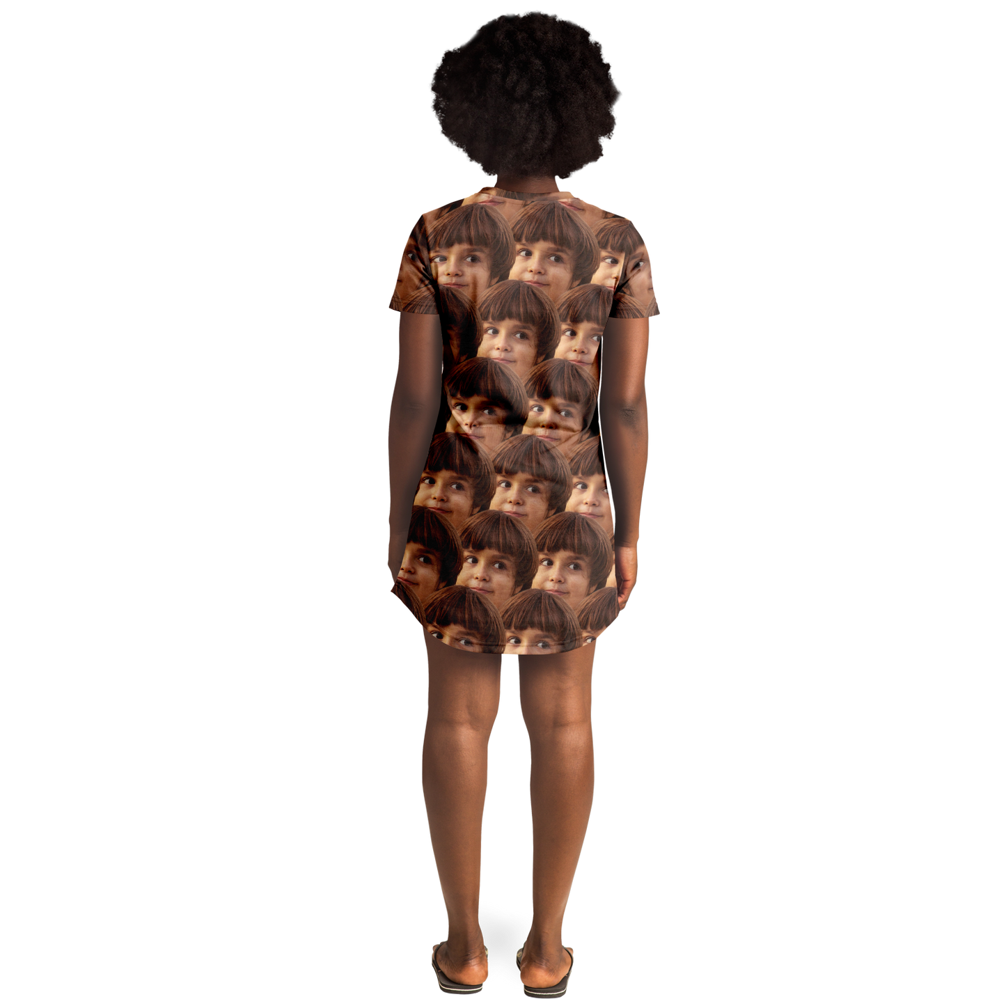Back view of woman wearing Custom Face Print T-Shirt Dress with all-over custom photo print