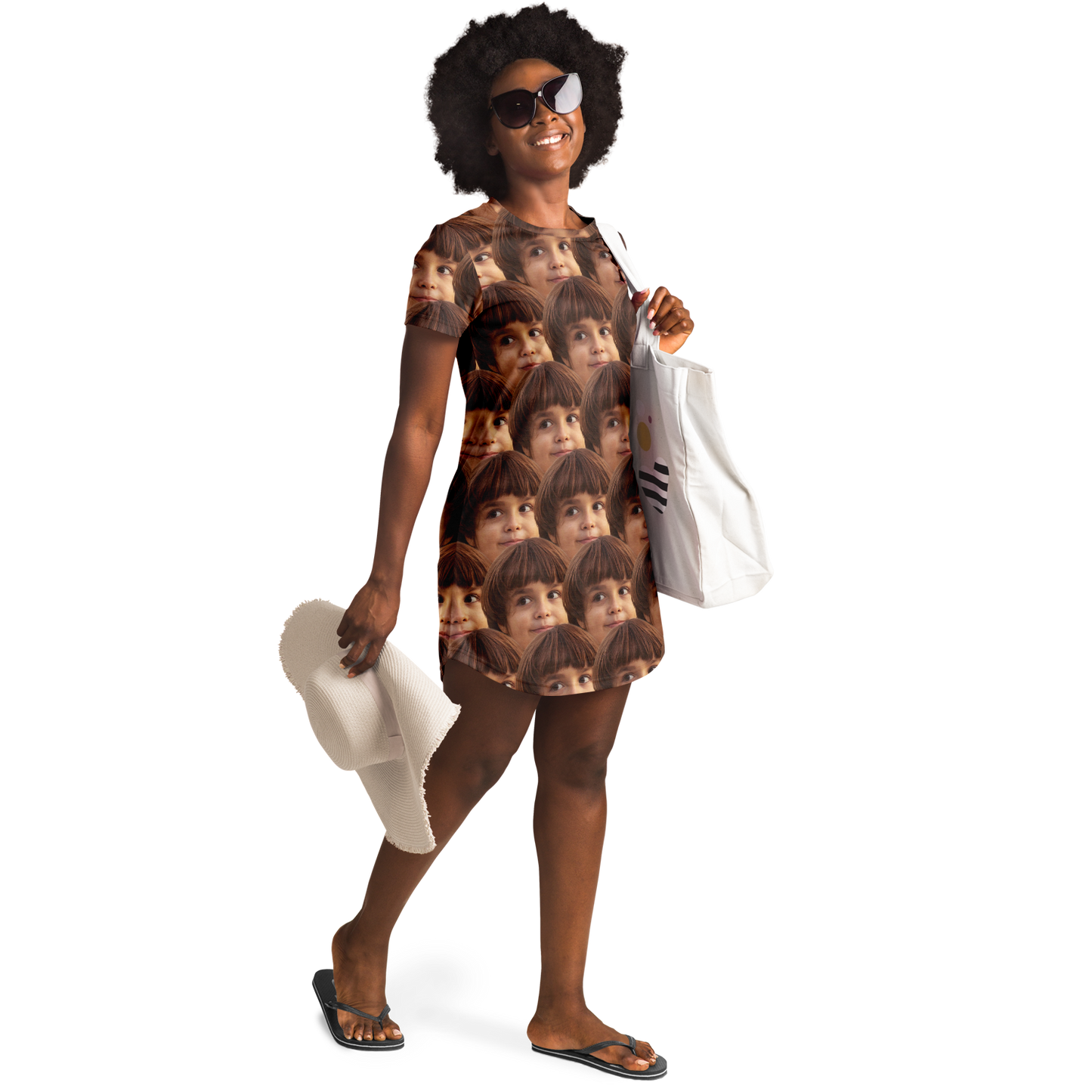 Woman wearing Custom Face Print T-Shirt Dress, front-facing with printed face design